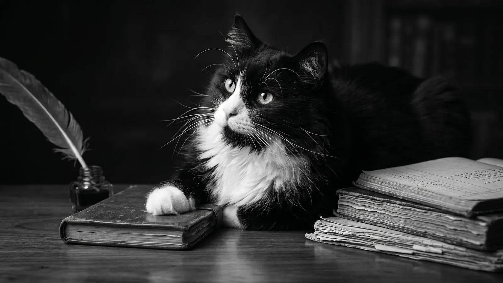 Tuxedo cat sitting at a desk beside a quill pen and open books