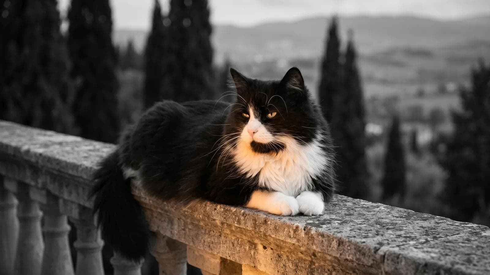 Tuxedo cat lying on a stone balustrade at dusk overlooking cypress-lined hills
