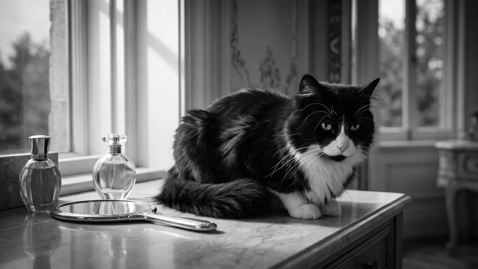 Tuxedo cat lying on a marble vanity counter beside perfume bottles and a hand mirror