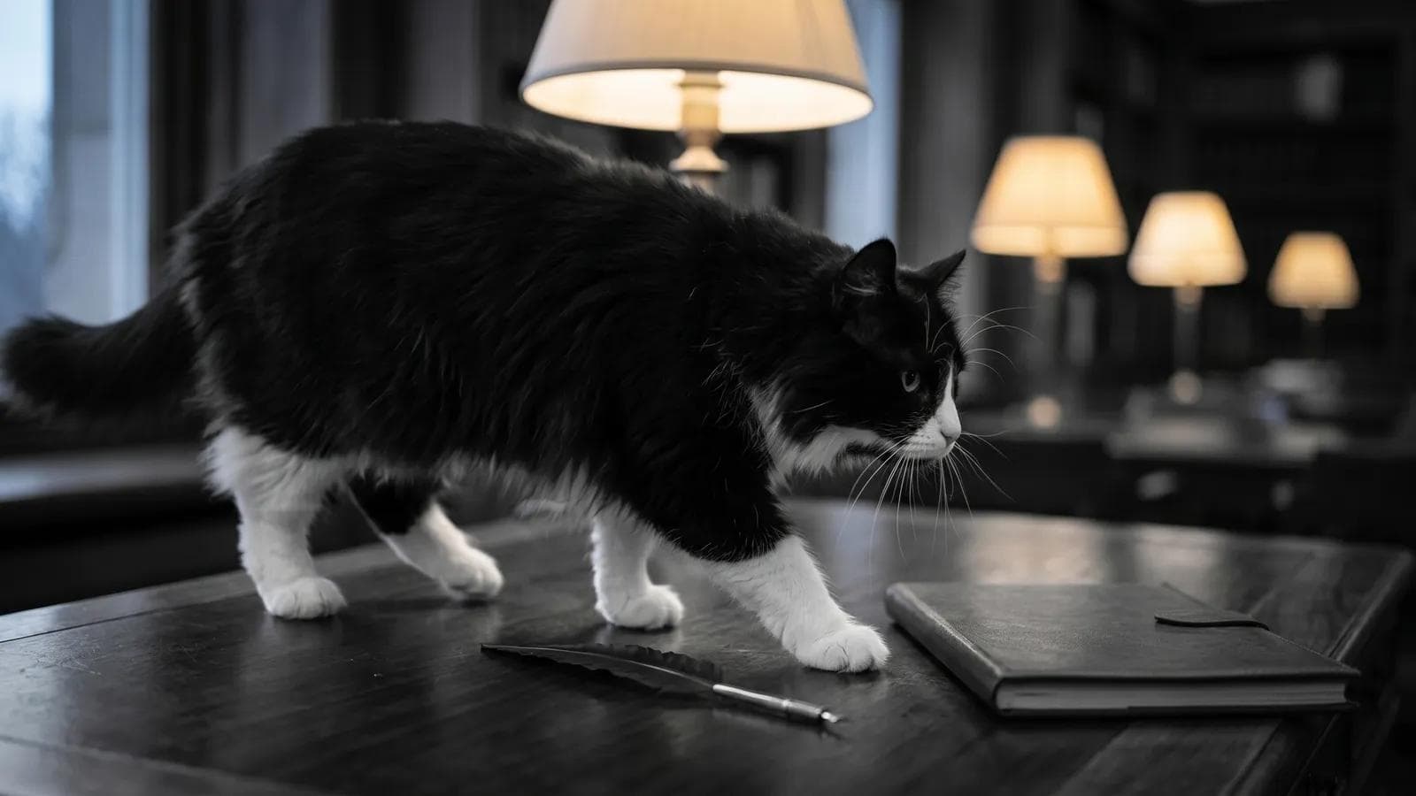 Tuxedo cat walking across a dark wood desk past a pen and notebook under glowing lamps