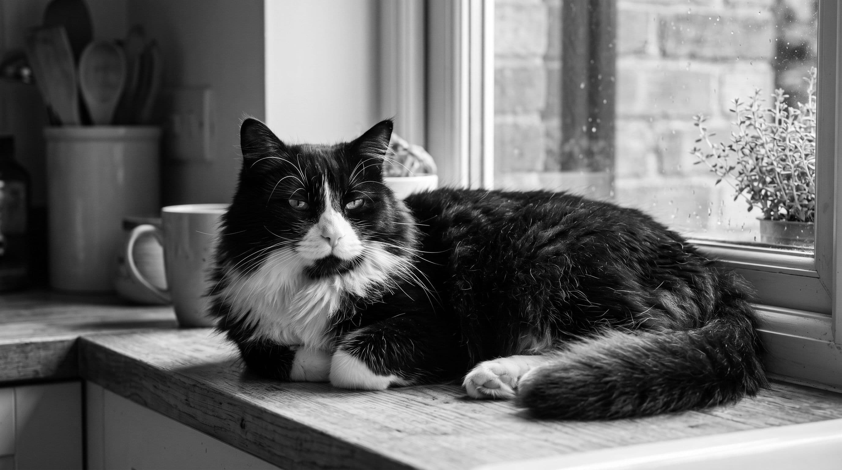 Drowsy black-and-white tuxedo cat basking in golden mid-morning sunlight on a kitchen windowsill
