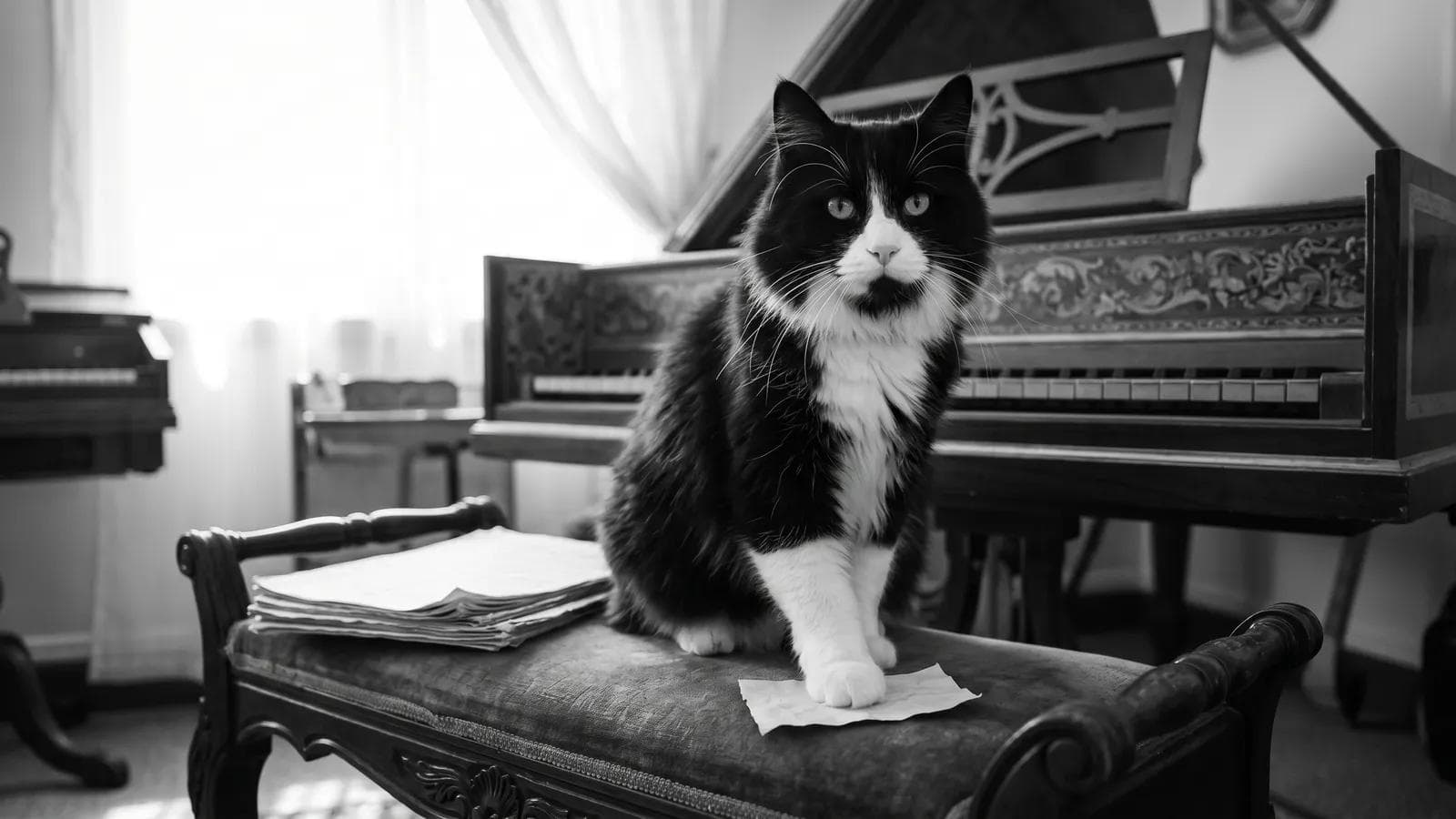 Tuxedo cat sitting on a piano bench beside open sheet music in a music room