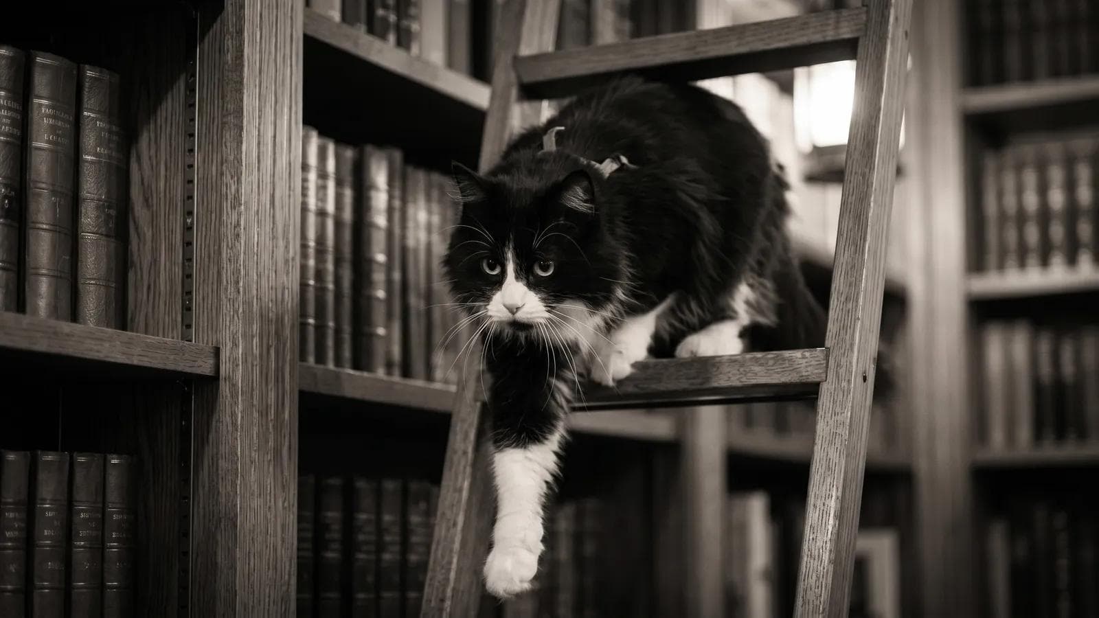 Tuxedo cat descending a wooden library ladder between shelves of leather-bound books