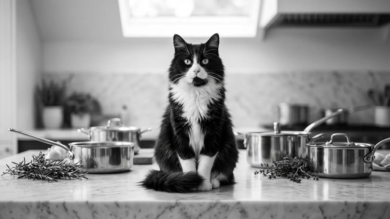 Tuxedo cat perched on a kitchen counter between simmering pots and fresh herb sprigs