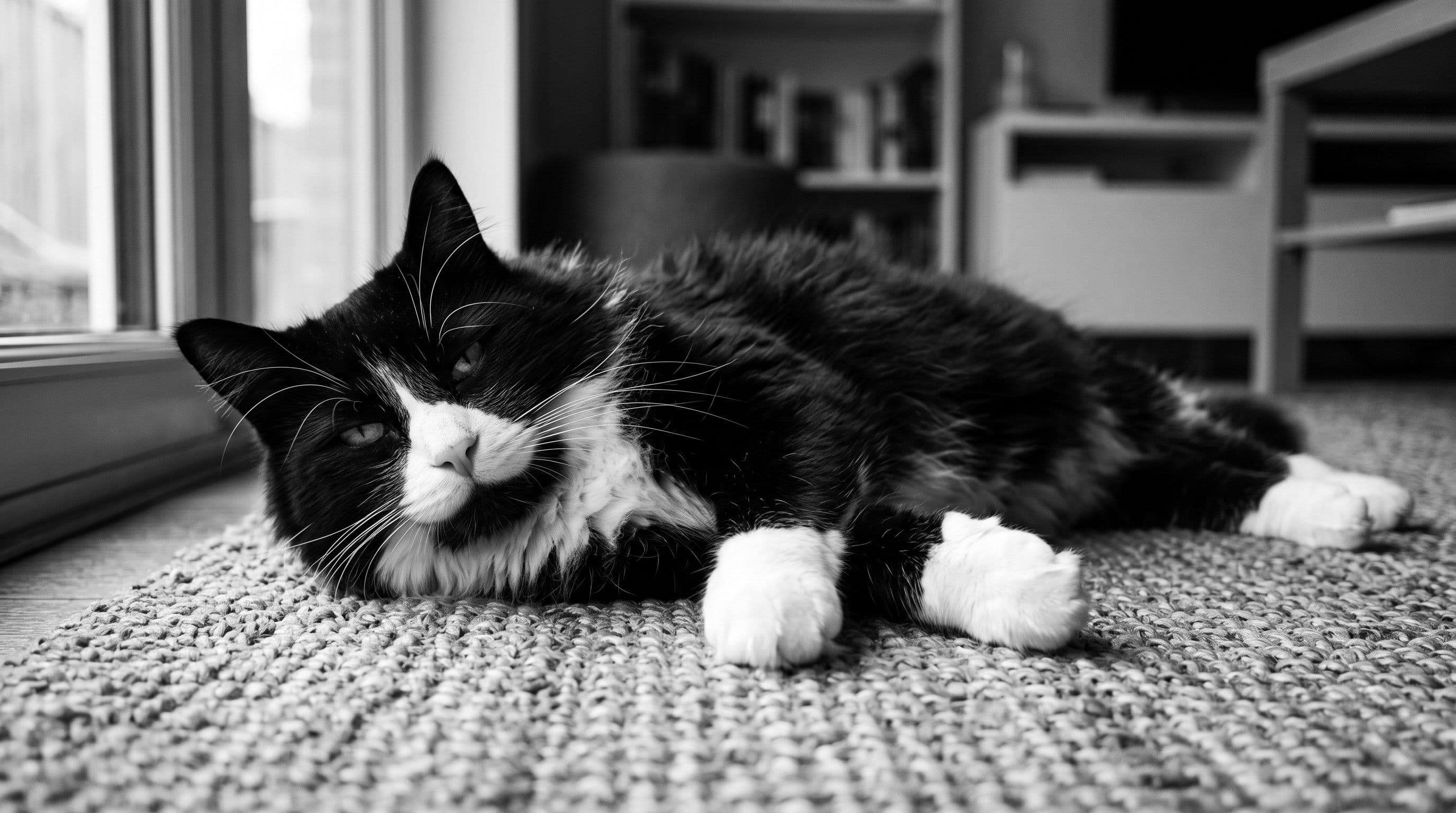 A tuxedo cat lying on his side on a woven rug, eyes half-closed, white muzzle above a black chin, white paws stretched out.