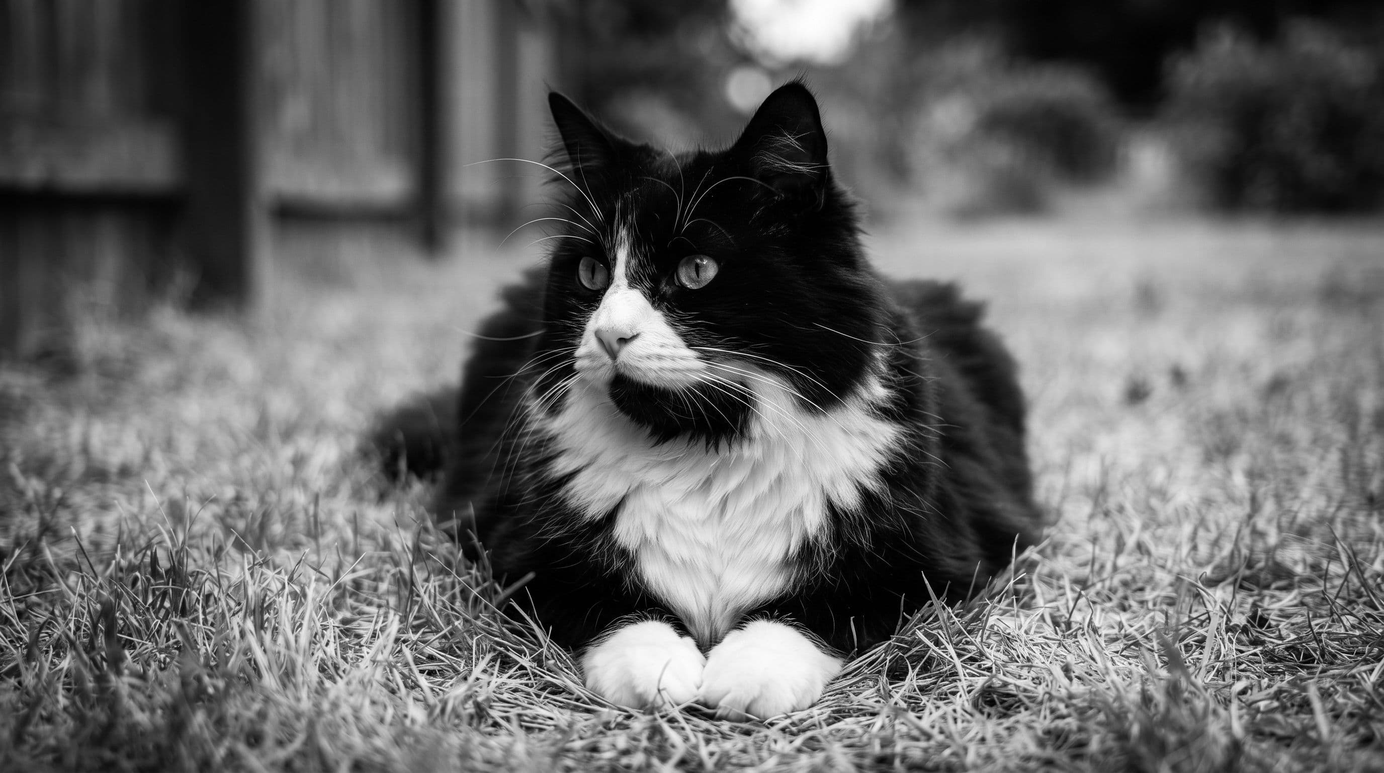 A tuxedo cat with white chest and black chin lies relaxed on grass, staring blankly past the frame's edge