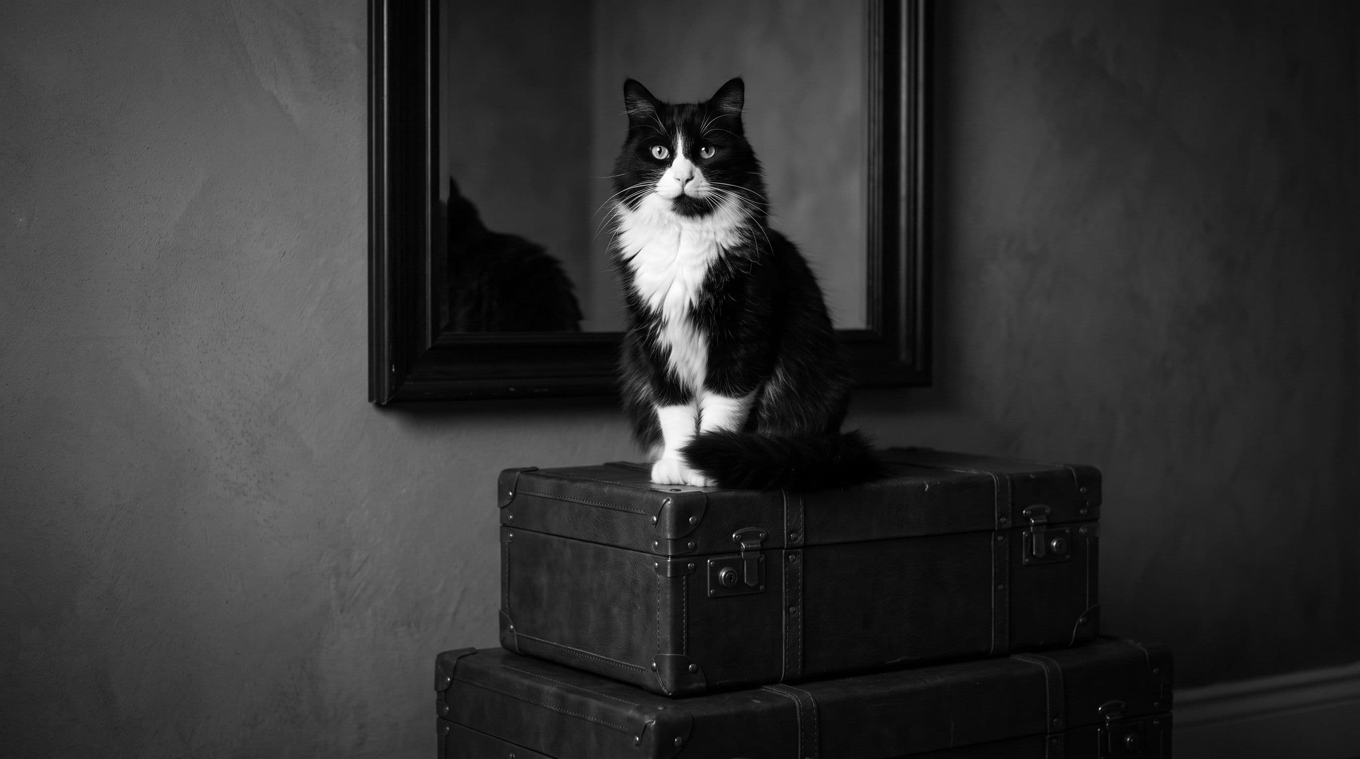 Tuxedo cat sitting atop a stack of vintage trunks in a dimly lit entryway with a mirror