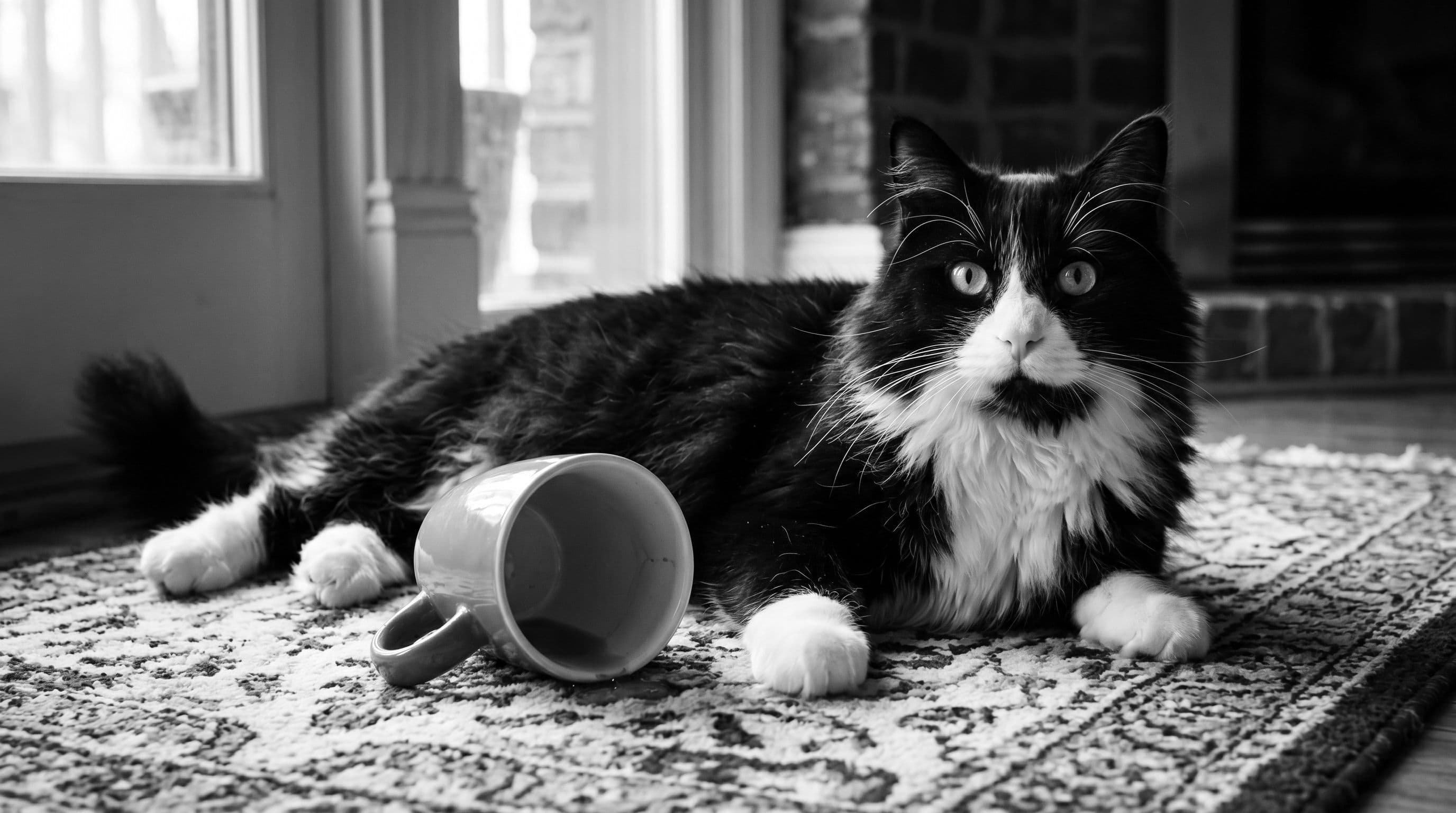 Tuxedo cat with white paws sprawled casually on a wool rug next to a toppled mug, appearing utterly unconcerned