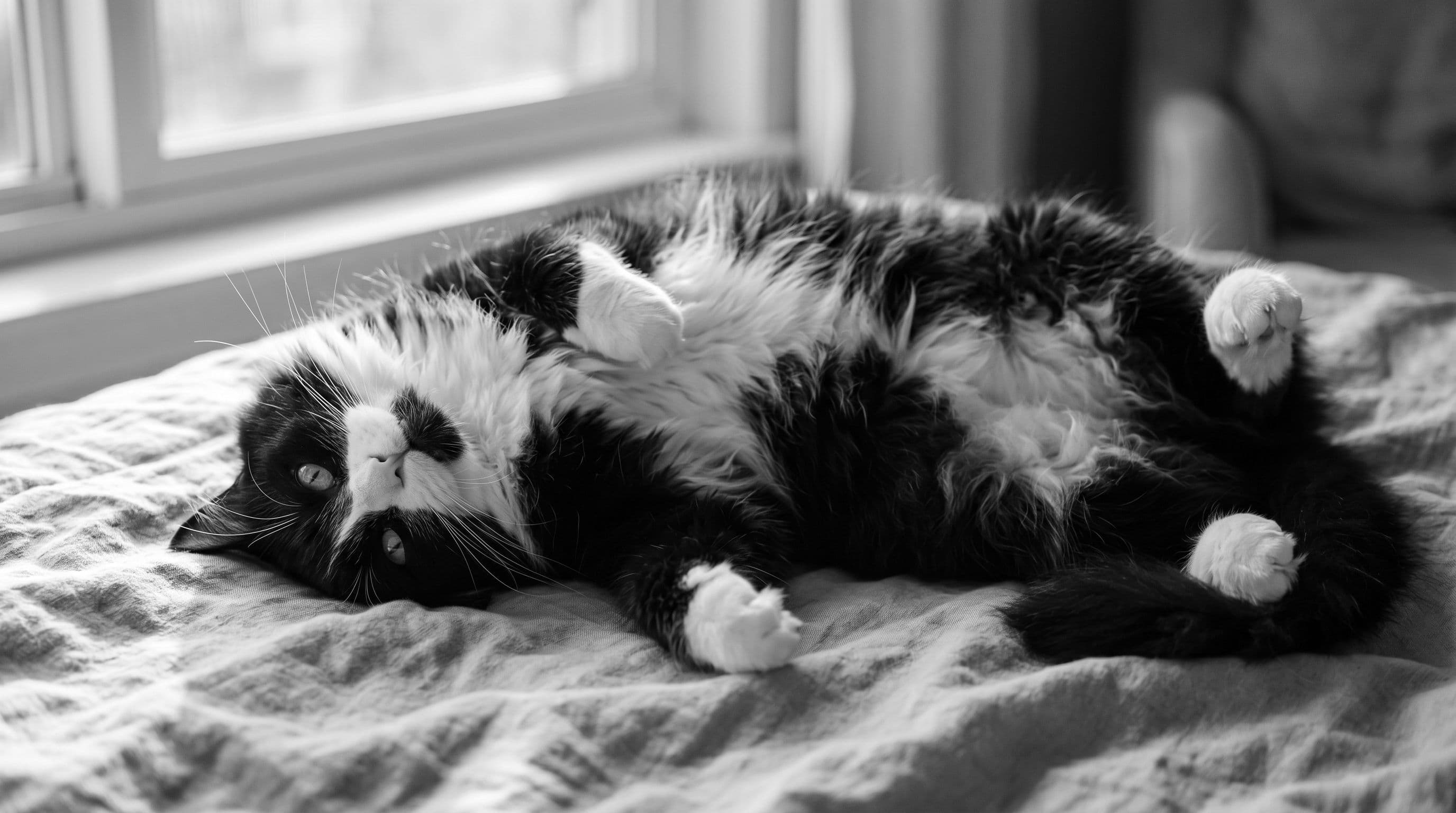 Tuxedo cat lying on his back on a linen blanket in a state of deep relaxation with mouth slightly open