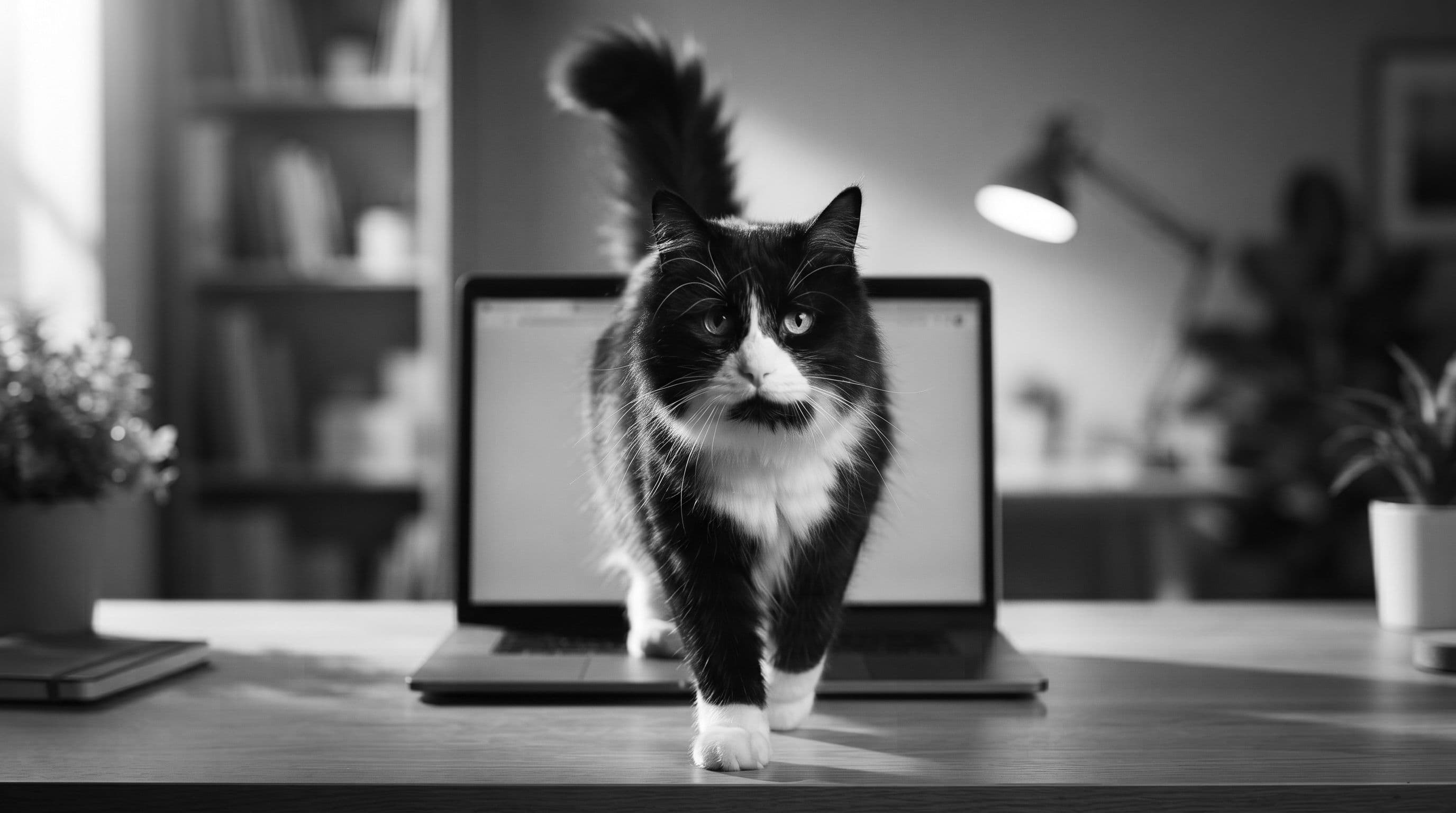 Tuxedo cat striding in front of a laptop camera lens, white bib prominent, tail raised confidently in a sunlit home office.