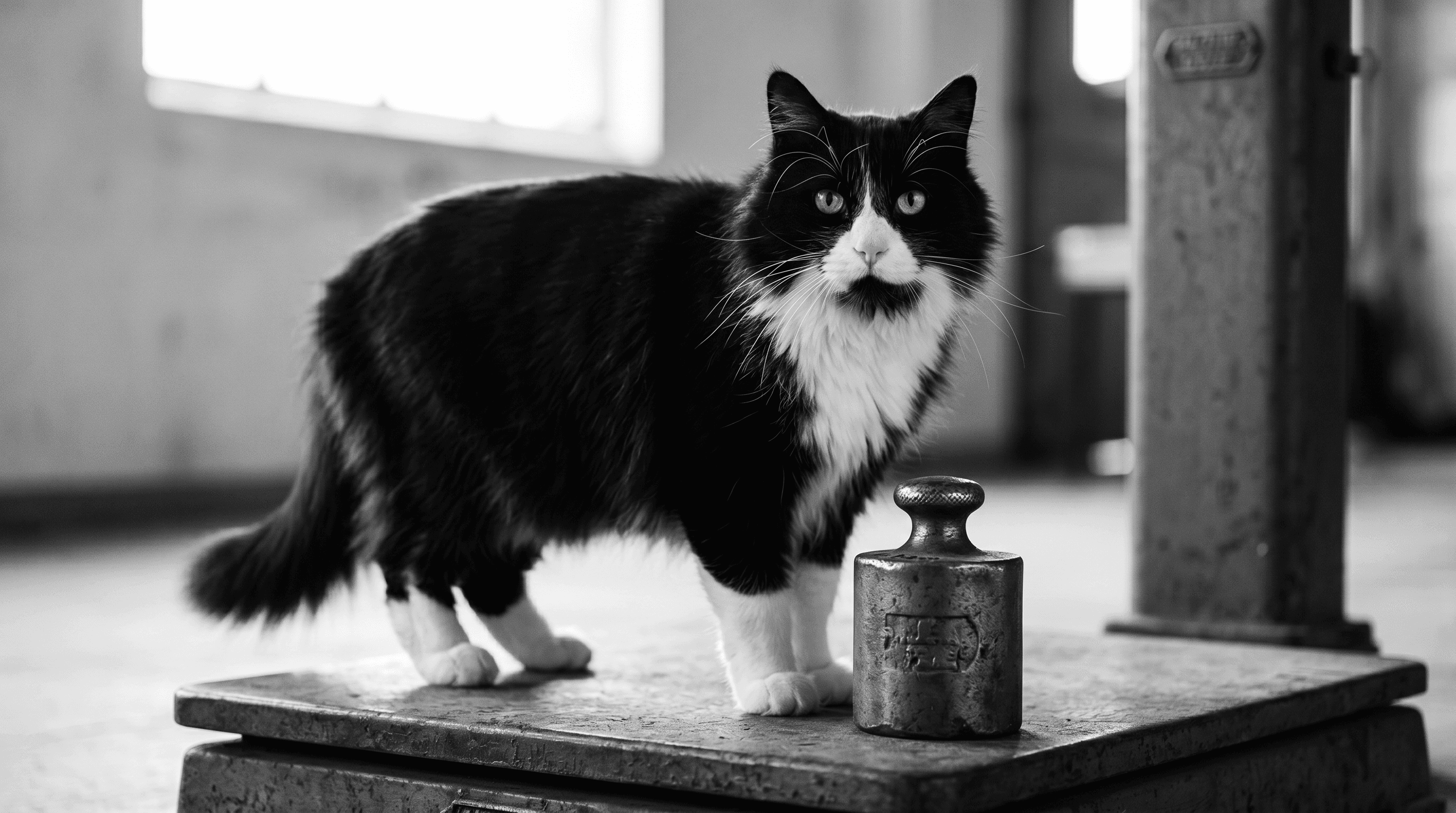Tuxedo cat standing on a table beside an antique iron weight