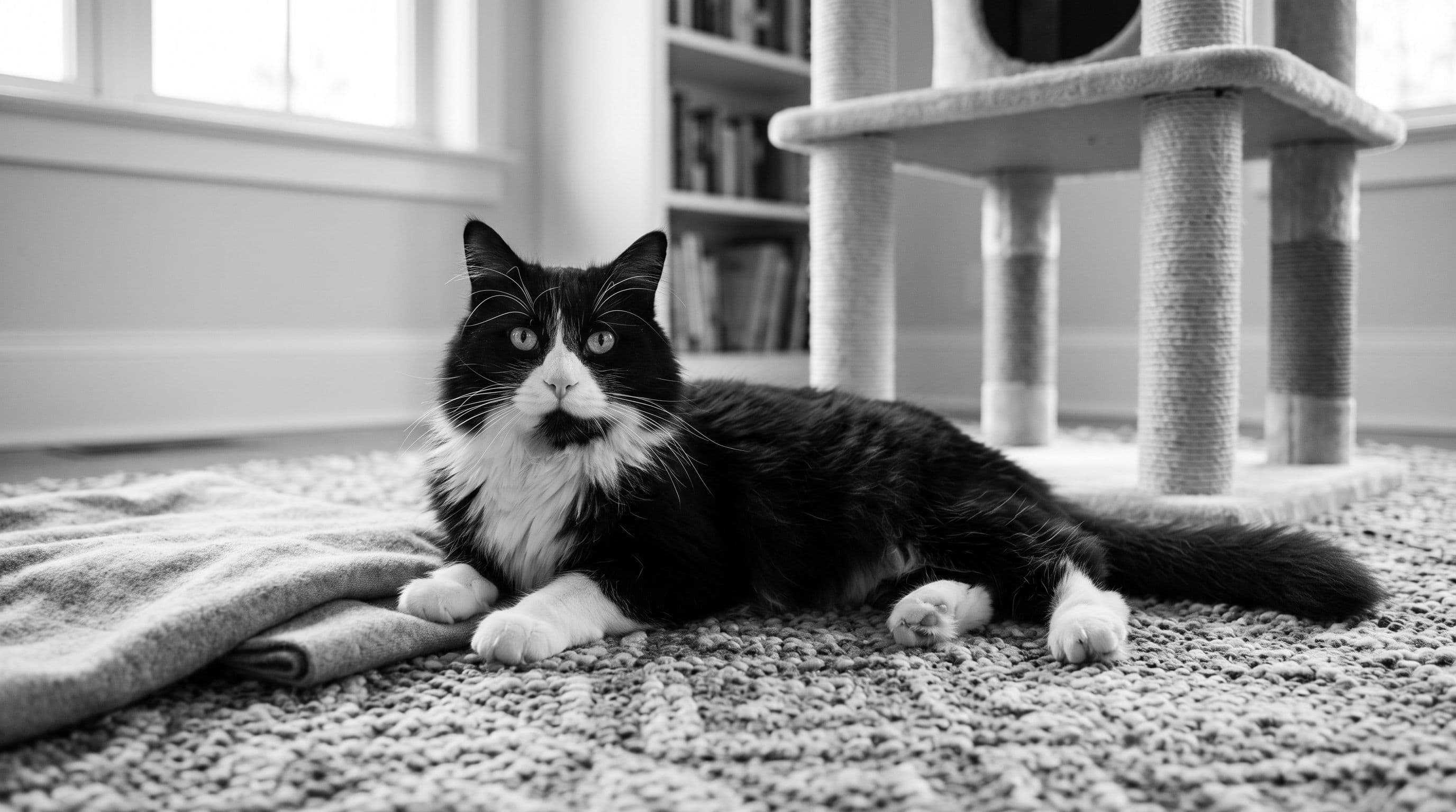 Tuxedo cat with white chest bib resting calmly on a rug in a warmly lit room next to a cat tree and folded blanket