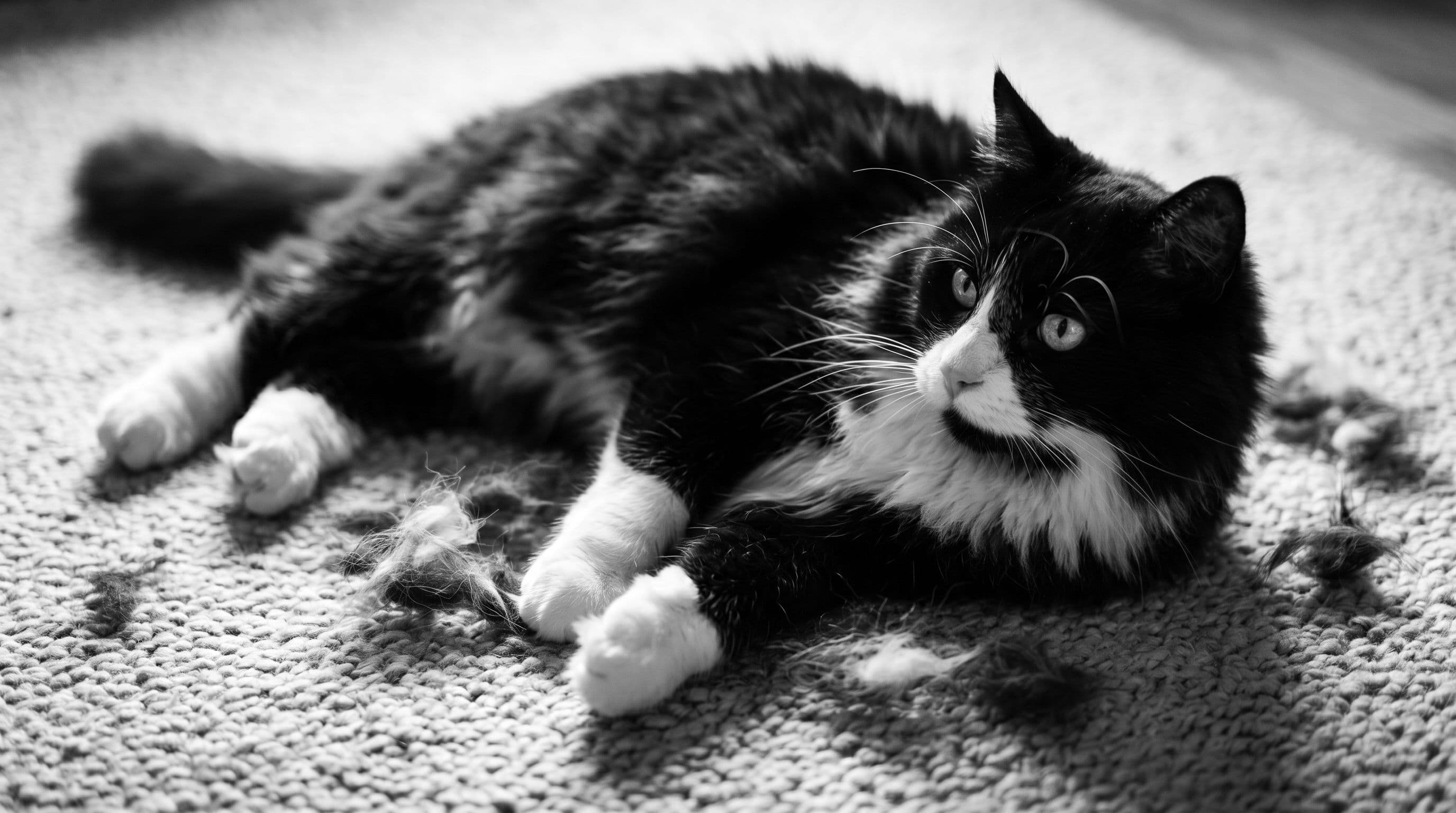 Tuxedo cat relaxing on his side on a rug surrounded by loose clumps of shed fur during a seasonal coat change