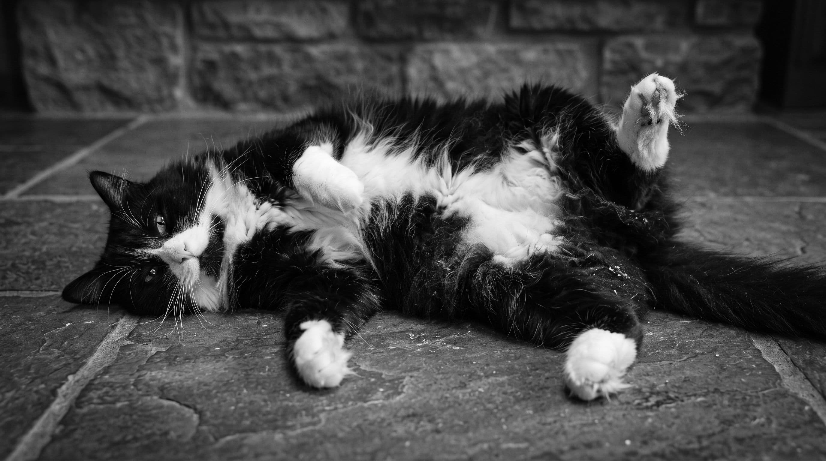 A tuxedo cat lies on his back on grey tiles, white chest and belly visible, back legs spread, looking toward camera with one eye partially closed