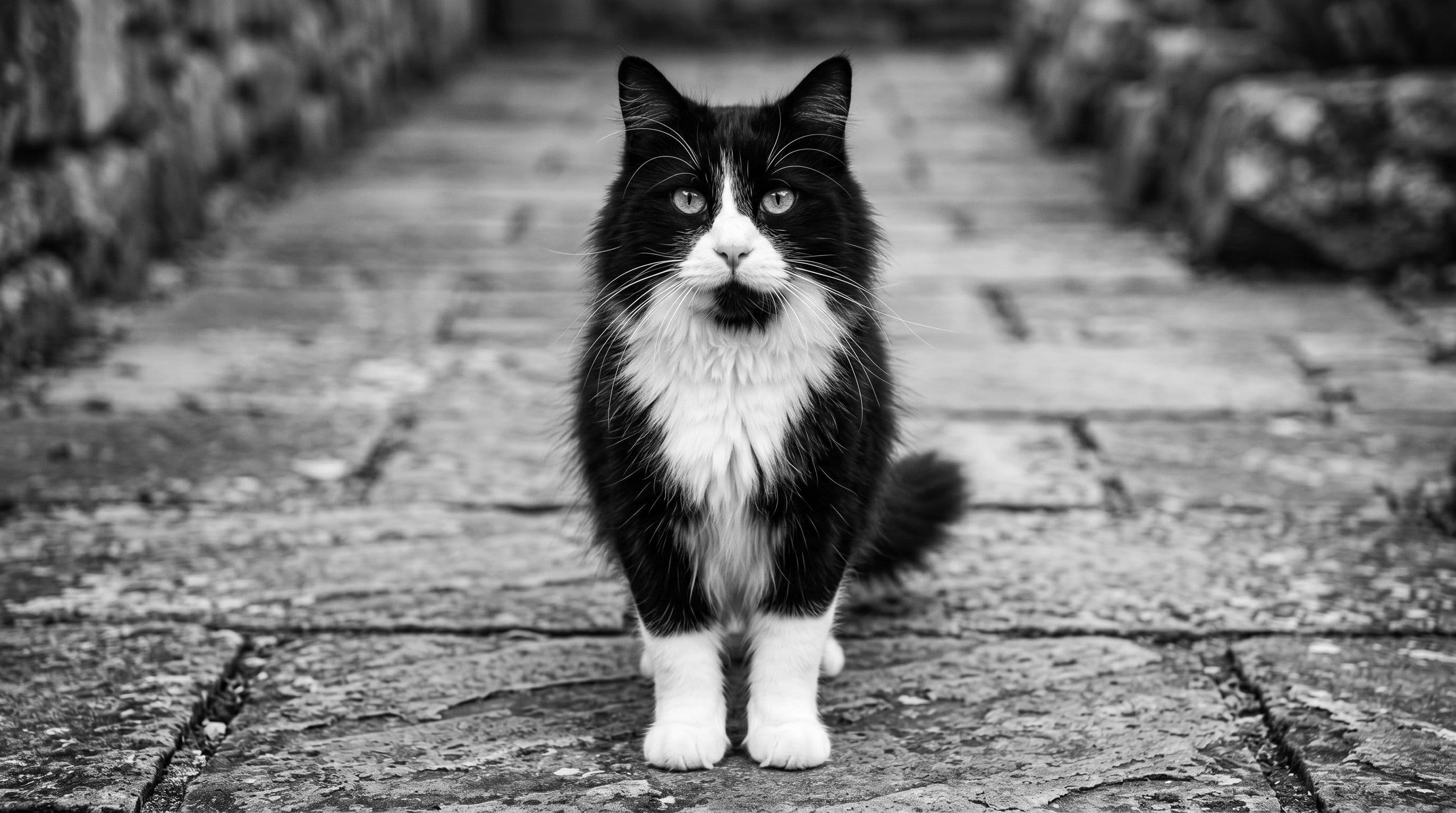 Tuxedo cat standing on a cobblestone path between old stone buildings