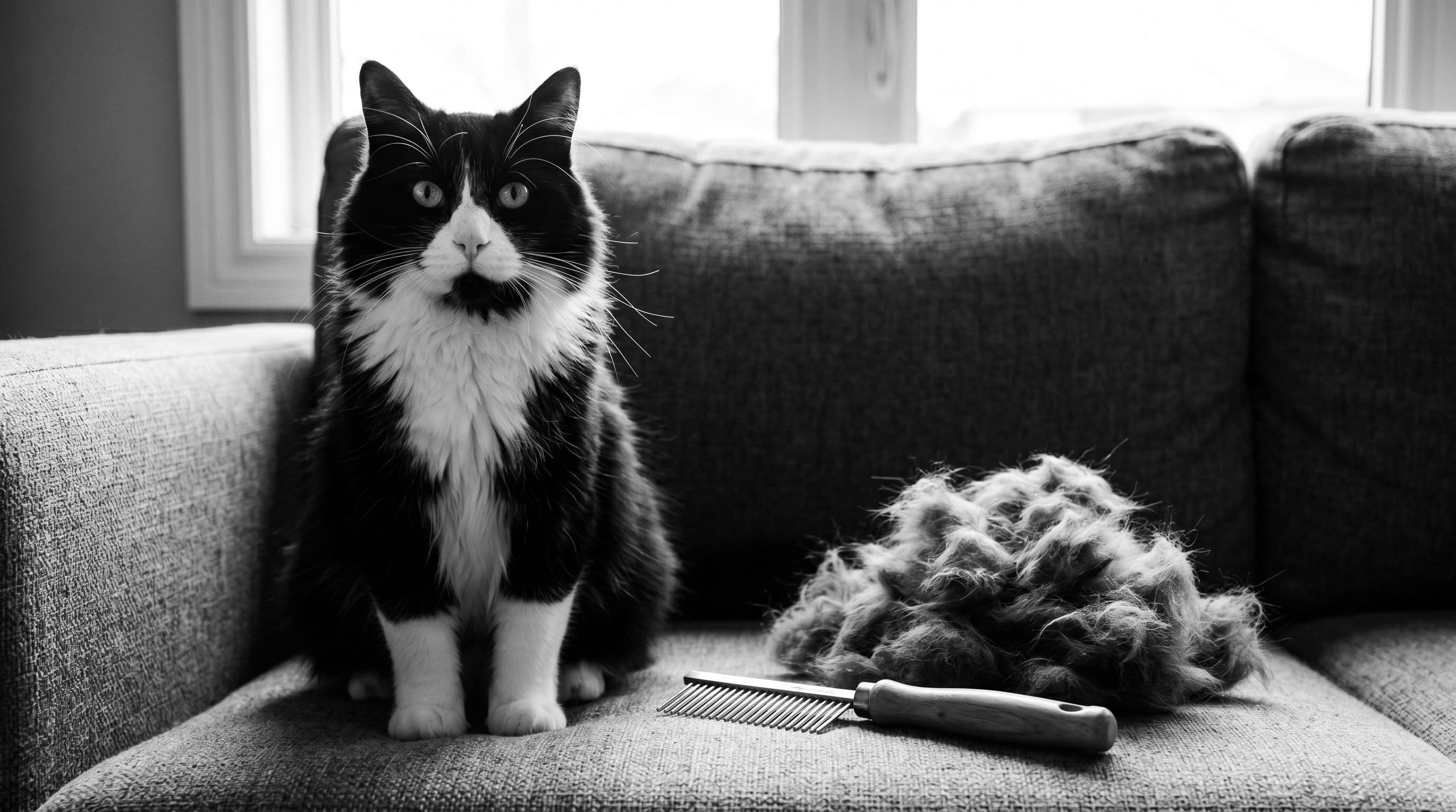 Black-and-white tuxedo cat sitting next to a deshedding comb with a substantial clump of removed loose fur on a couch cushion