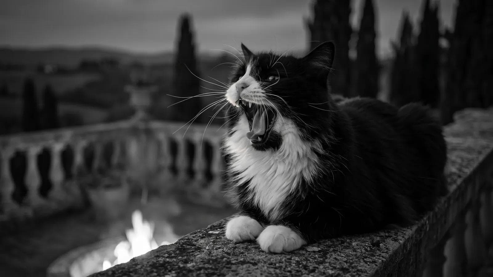 Tuxedo cat yawning while lying on a stone balustrade overlooking a cypress-lined hillside at dusk