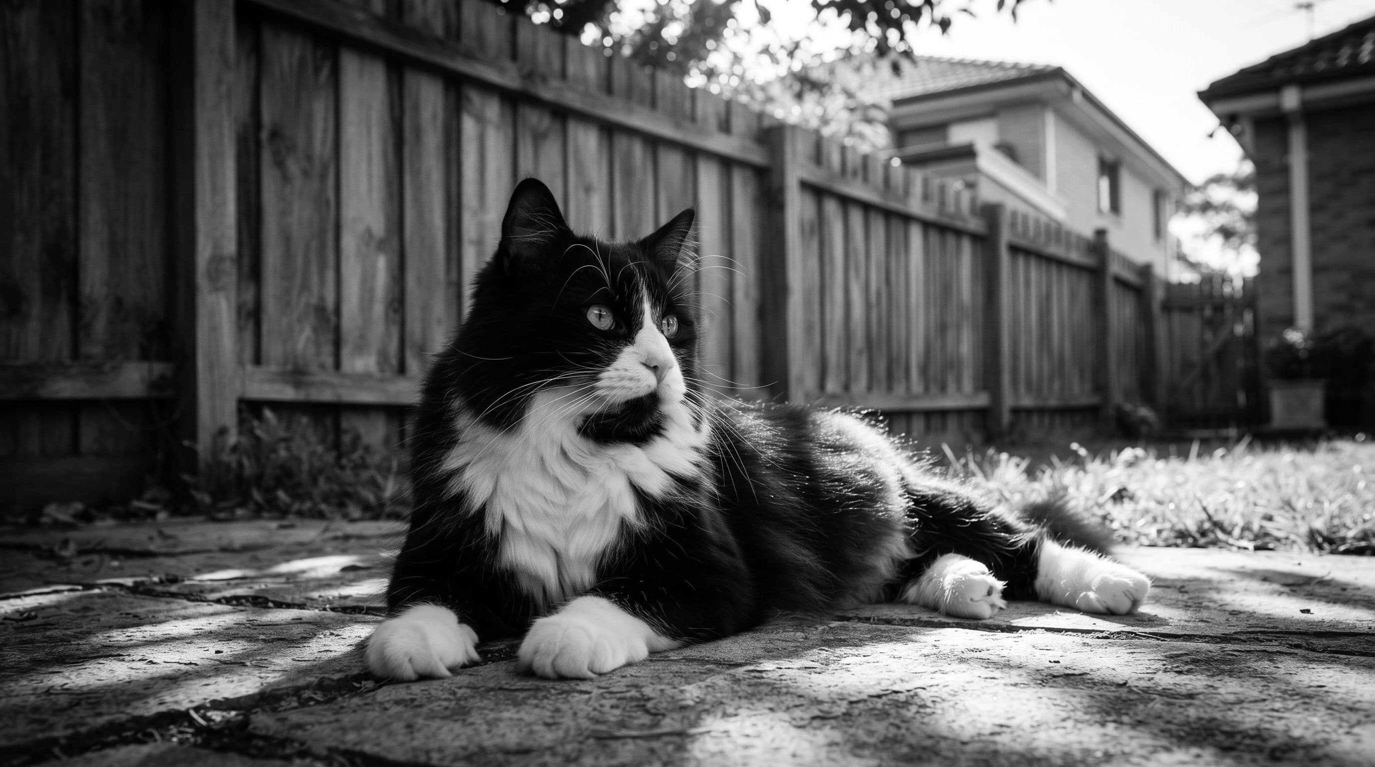 Tuxedo cat with white chest bib lying in grass near a timber fence gazing into the distance with a calm detached expression