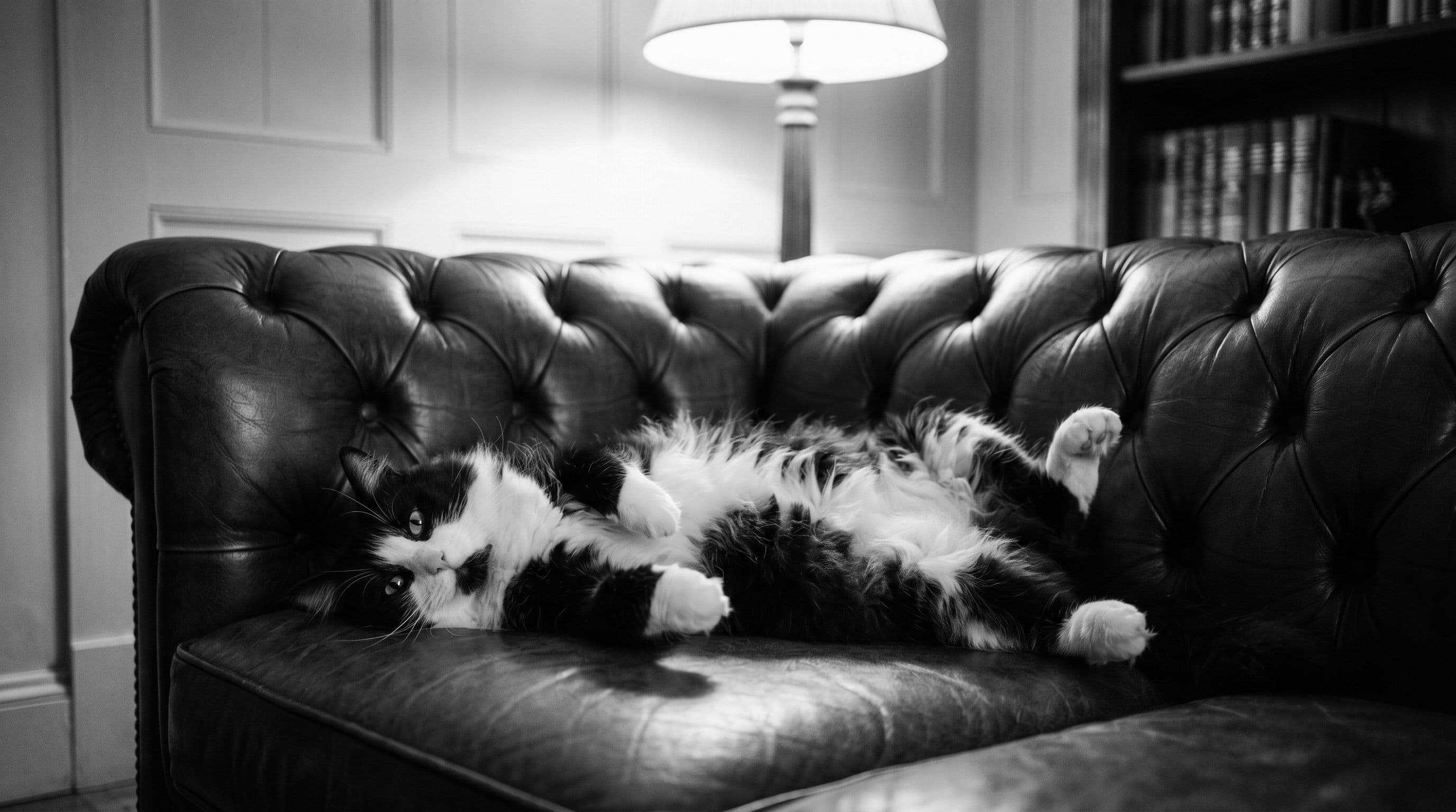 A black-and-white tuxedo cat lying belly-up on a brown leather Chesterfield sofa under soft amber lamplight, completely at ease.