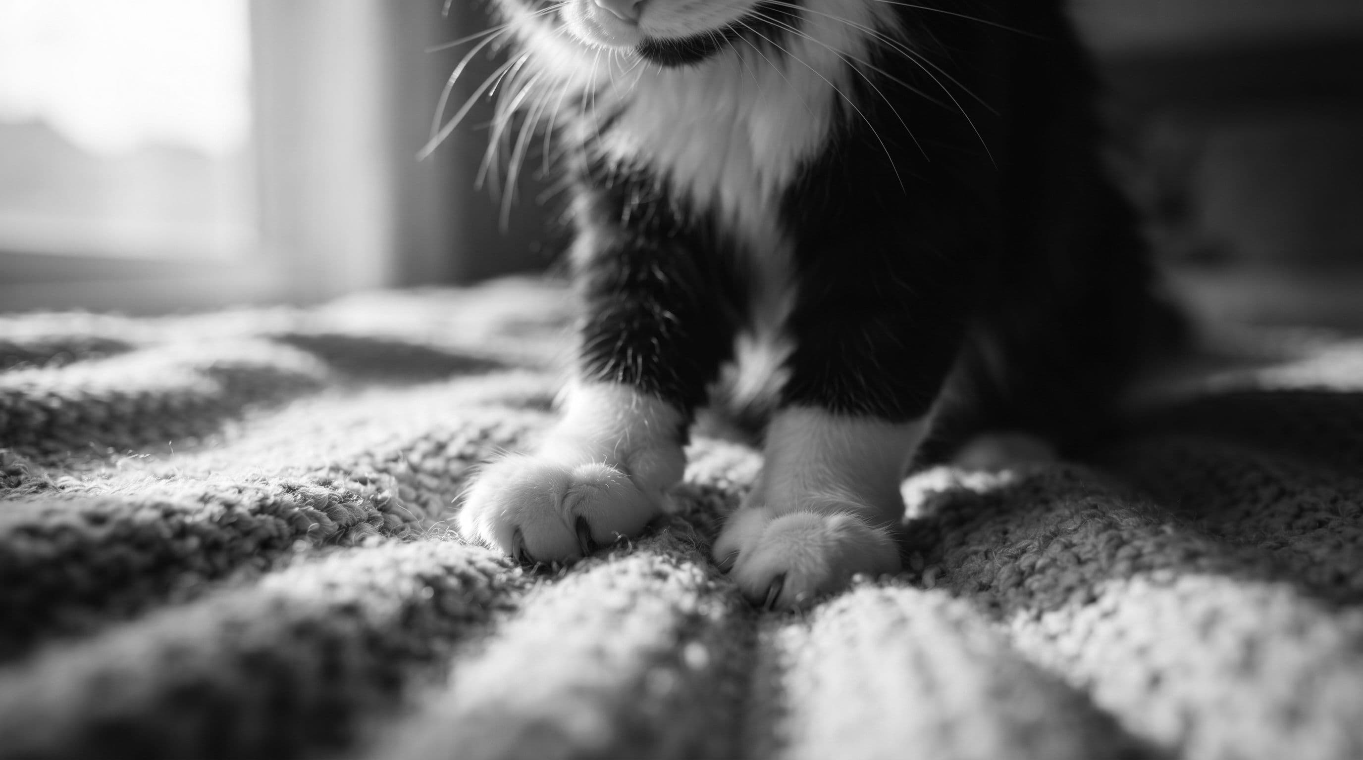 Close-up of a tuxedo cat's white front paws mid-knead, claws gently sinking into plush duvet fabric