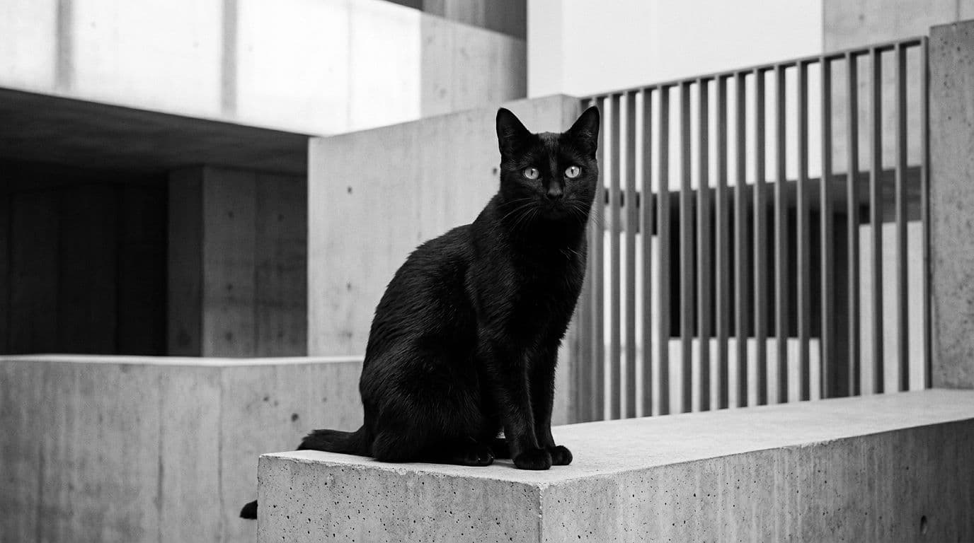 Black cat sitting on a concrete bench amid modern architectural lines