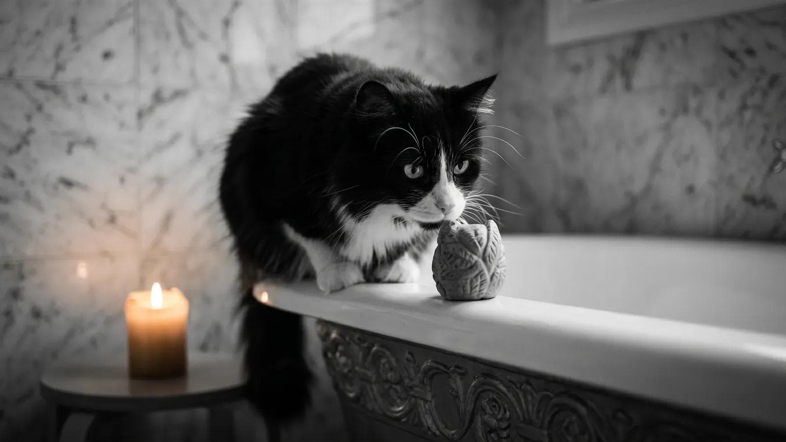 Tuxedo cat perched on the edge of a marble bathtub beside a lit candle