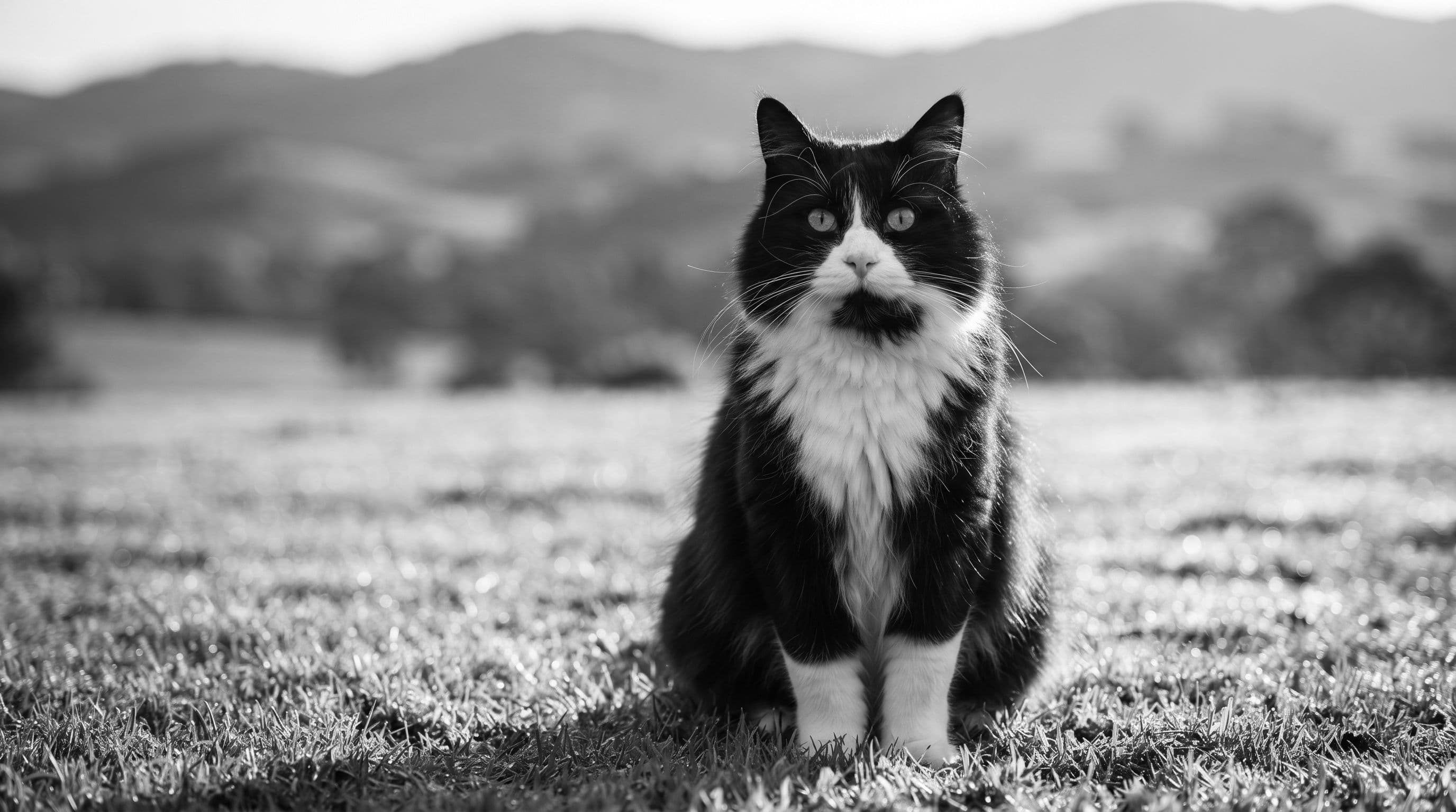 Tuxedo cat with black chin and white socked paws sitting confidently on a lawn with rolling green hills in the background