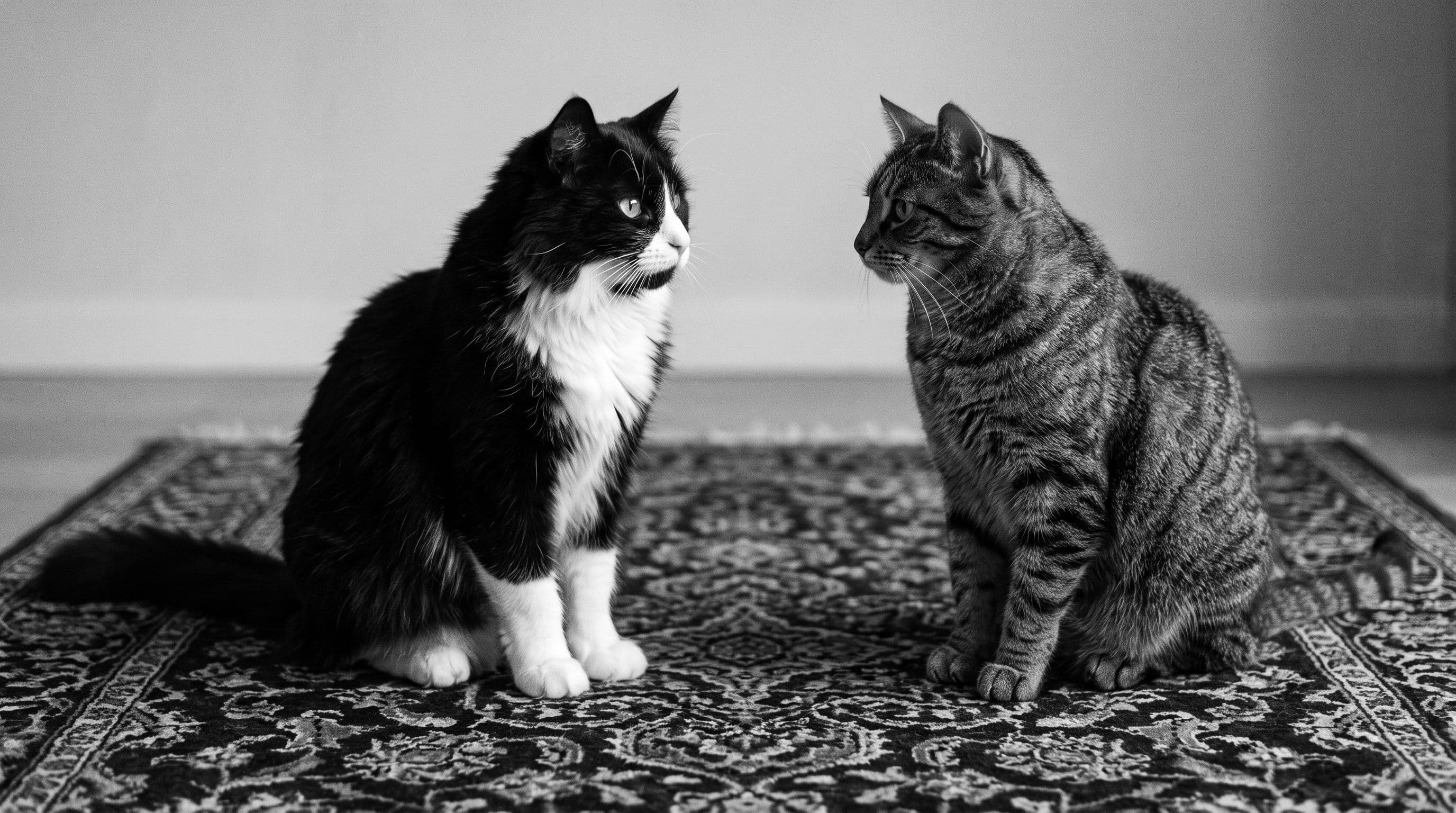 A tuxedo cat and a brown tabby cat sitting in formal poses on a patterned rug