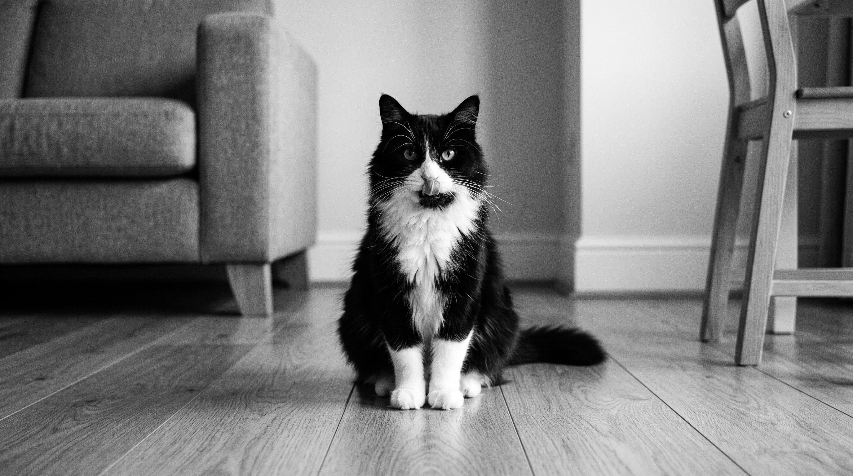 A tuxedo cat sitting on a wooden living-room floor, licking his lips, white chest and paws, black chin.