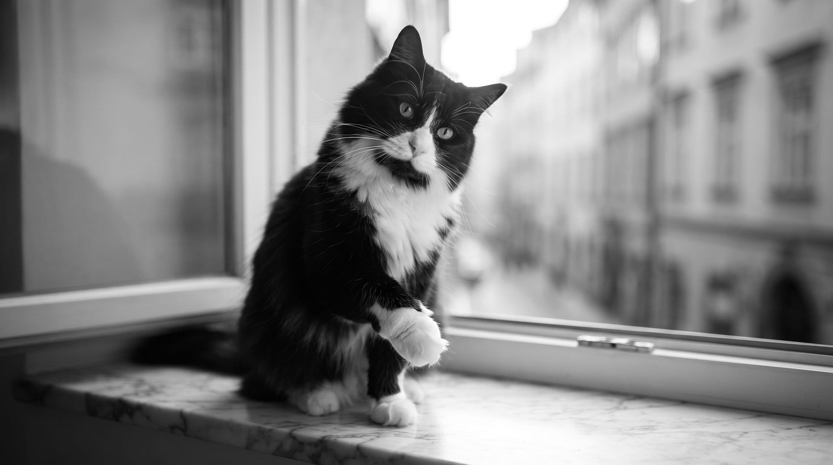A tuxedo cat with white chest and paws sits on marble, green-yellow eyes alert, one white-socked paw raised.