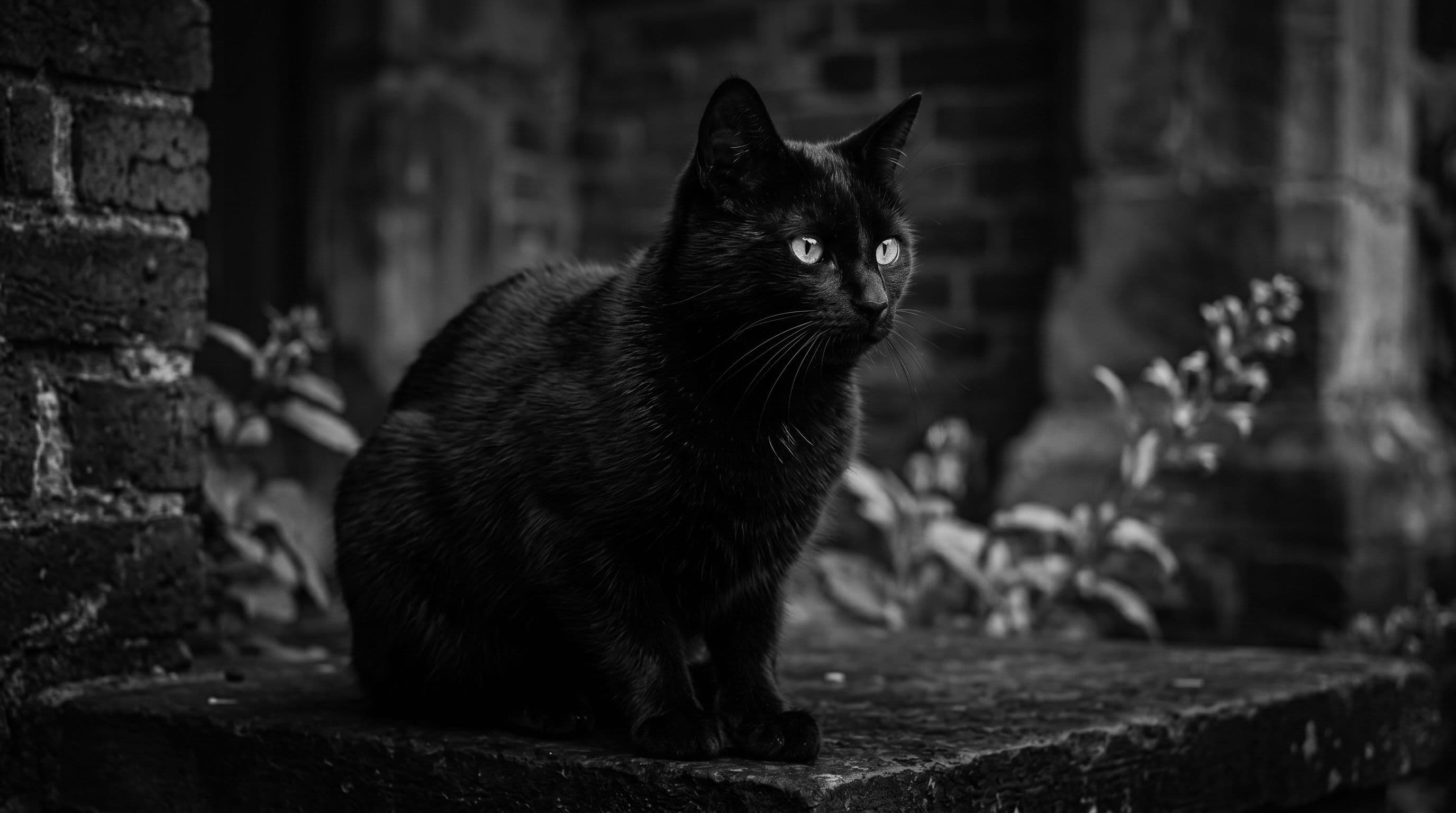 Black cat sitting on stone steps beside a brick church wall