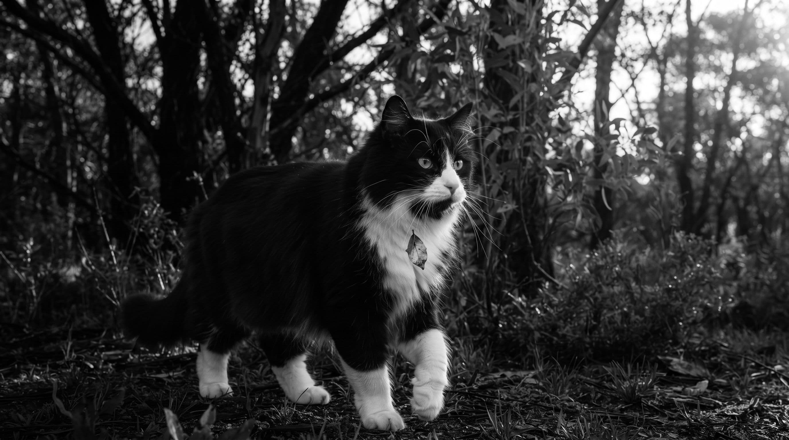 Tuxedo cat emerging from eucalyptus bush with a leaf clinging to his white chest, late afternoon light filtering through trees