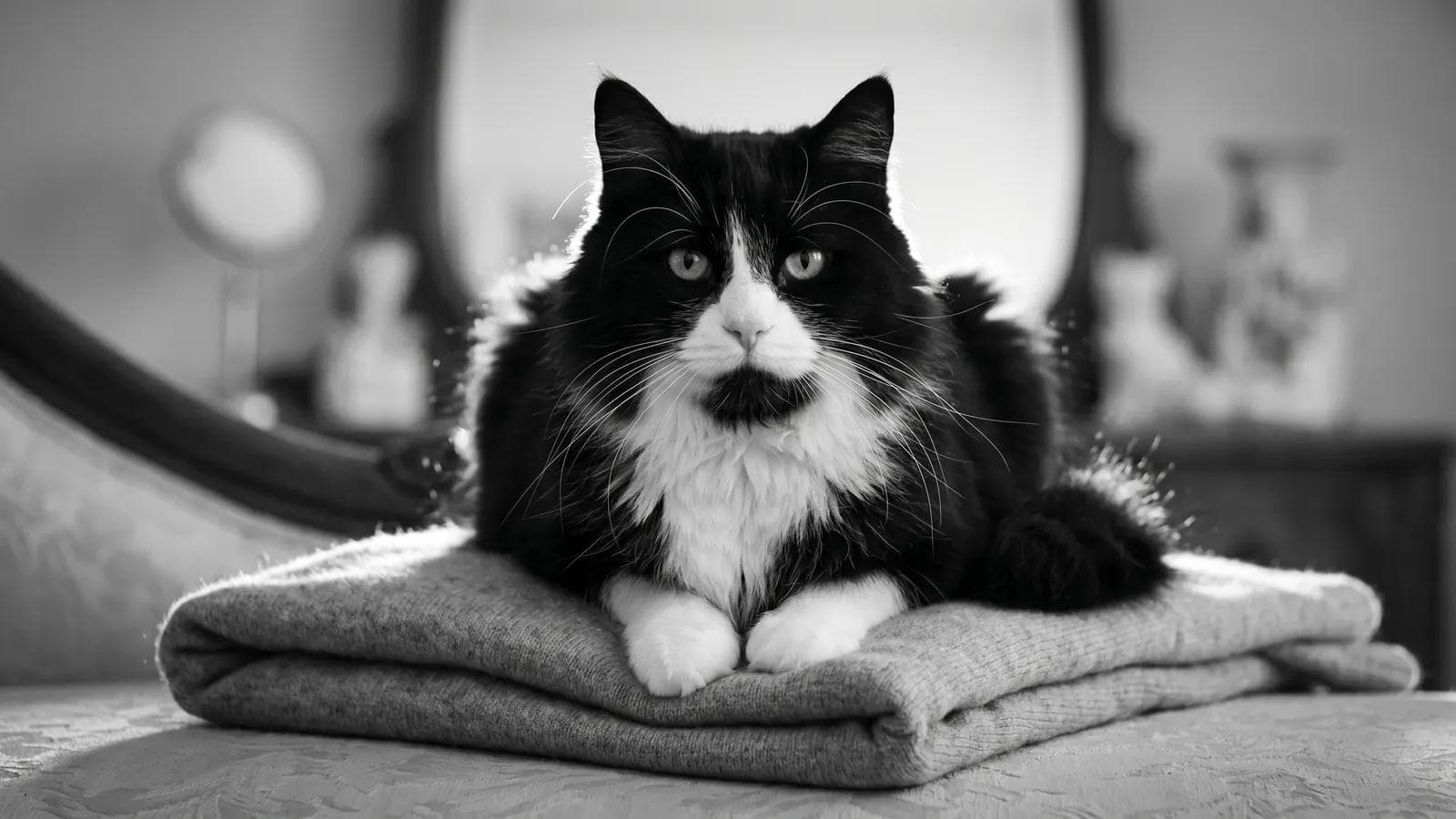 Tuxedo cat lying on a folded blanket on a bed, with a vanity mirror and perfume bottles in the background