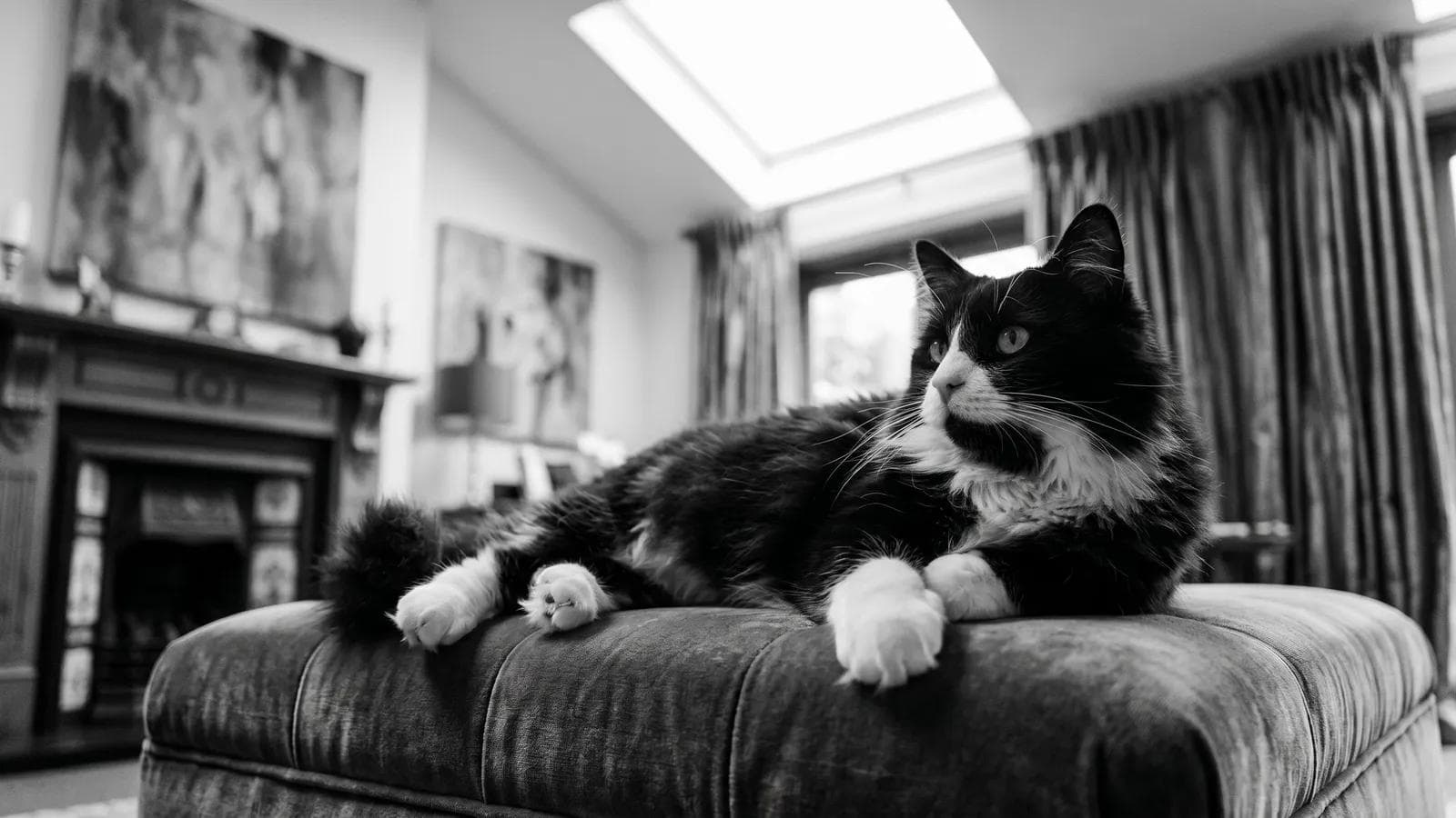 Tuxedo cat lounging on an ottoman in front of a fireplace beneath a skylight