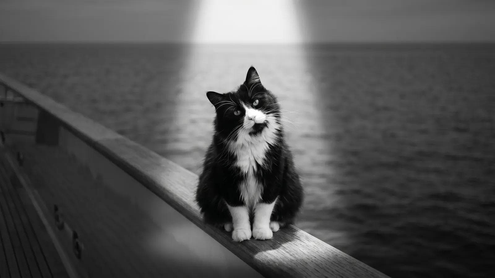 Tuxedo cat sitting on a boat railing with a beam of light and open ocean behind