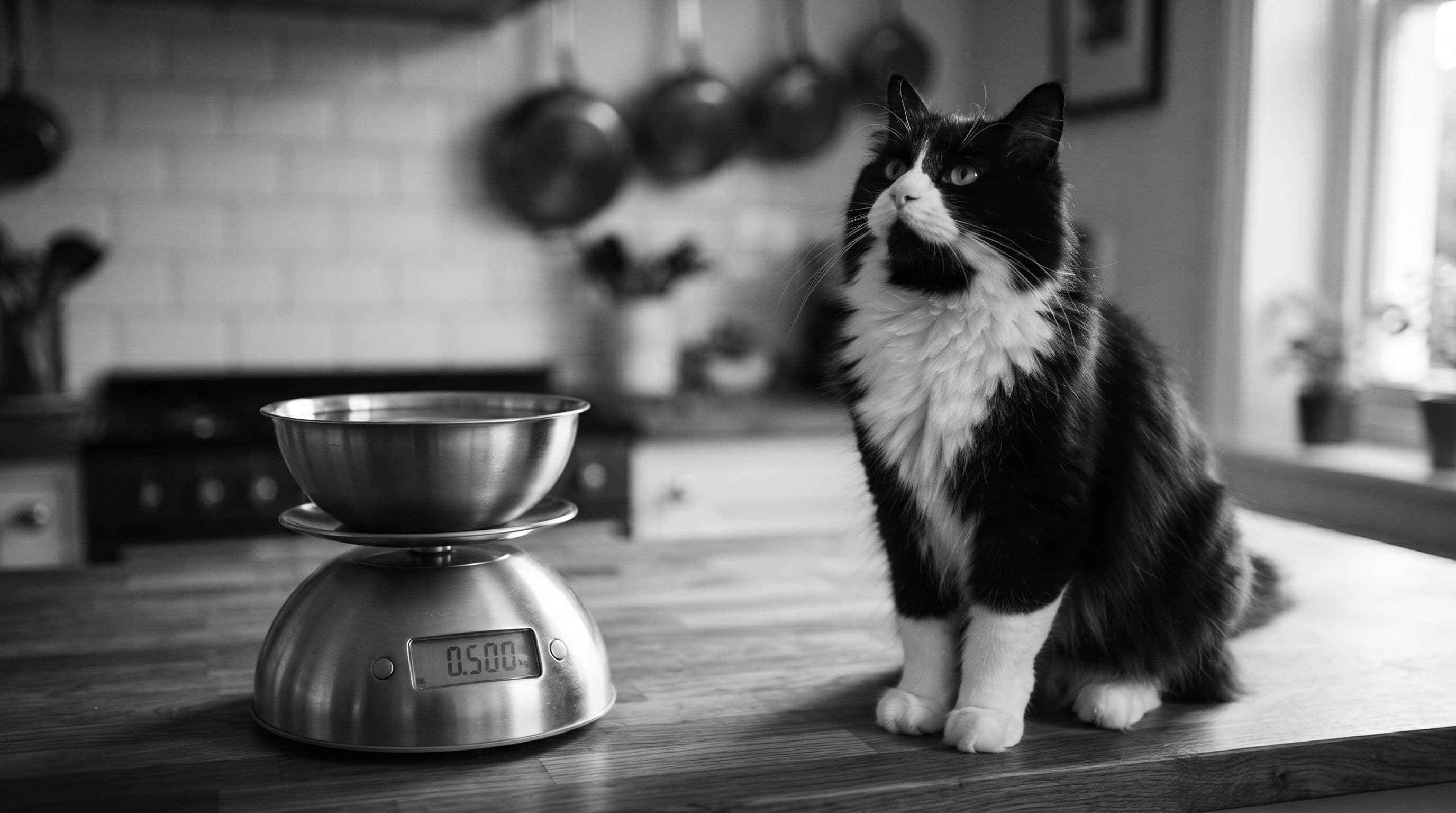 Tuxedo cat next to a small kitchen scale and measured water bowl on a wooden counter, establishing a hydration baseline