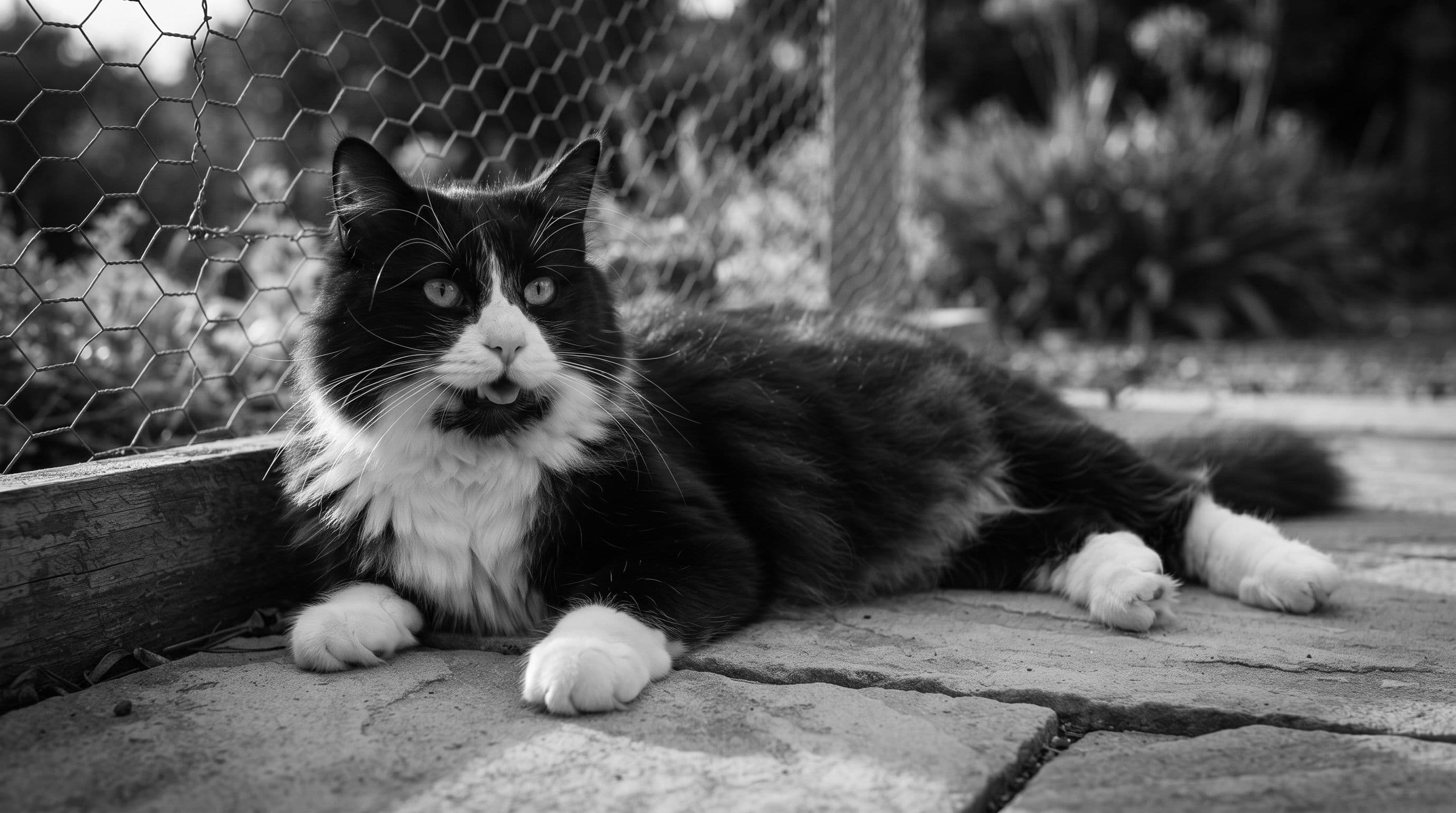 Tuxedo cat lying stretched out on warm pavers beside a chicken run in gentle afternoon sunlight