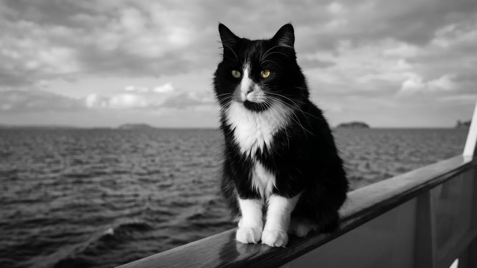 Tuxedo cat sitting on a boat's railing with open sea and distant islands behind