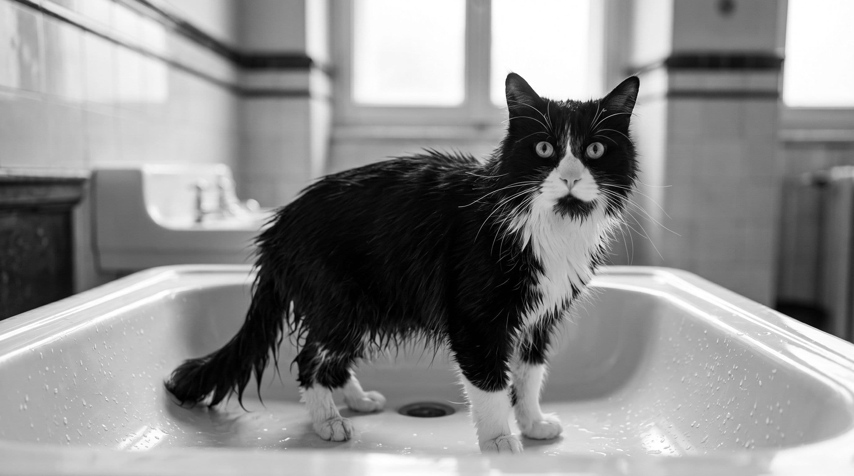 Damp black-and-white tuxedo cat standing in a white porcelain sink, back-leg fur wet, looking indignant with wide green-gold eyes