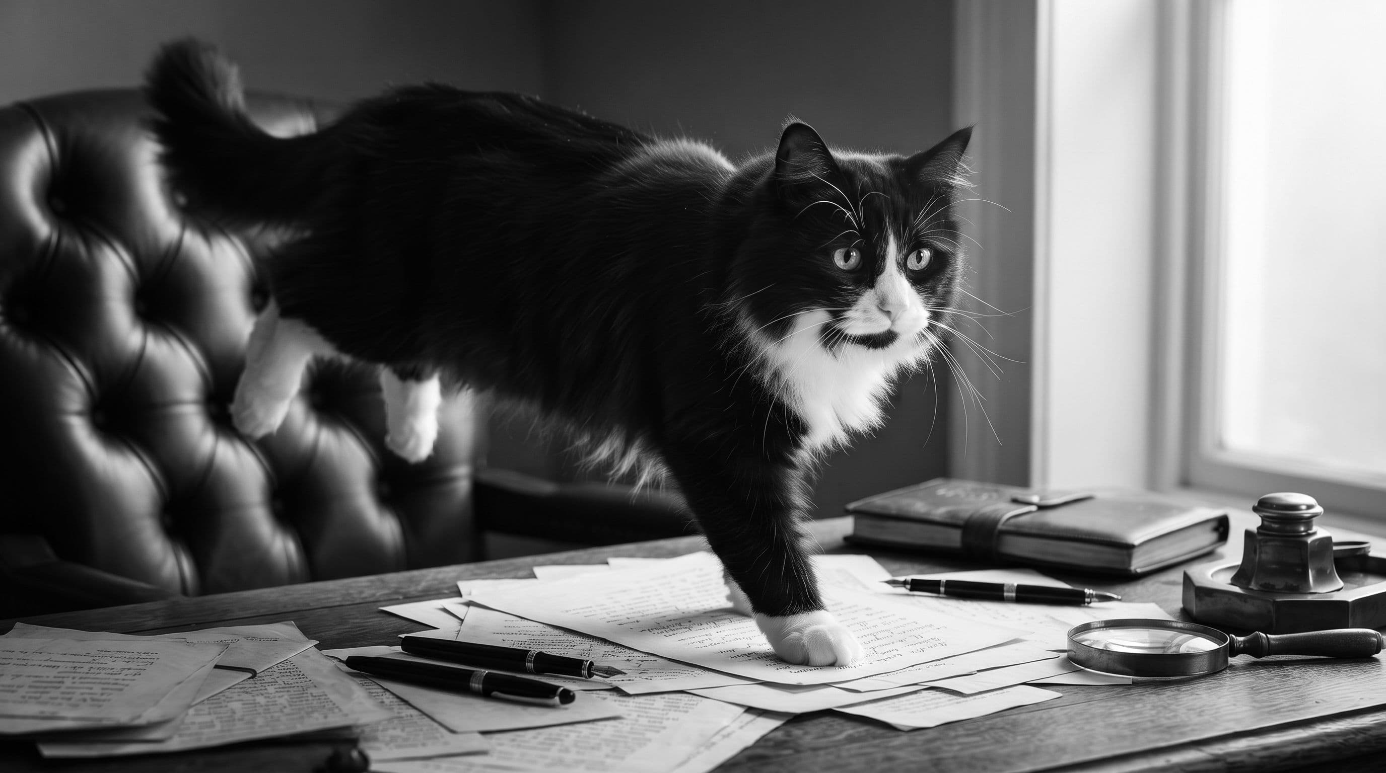 A tuxedo cat climbing onto a desk, papers scattered, caught in the act of claiming workspace