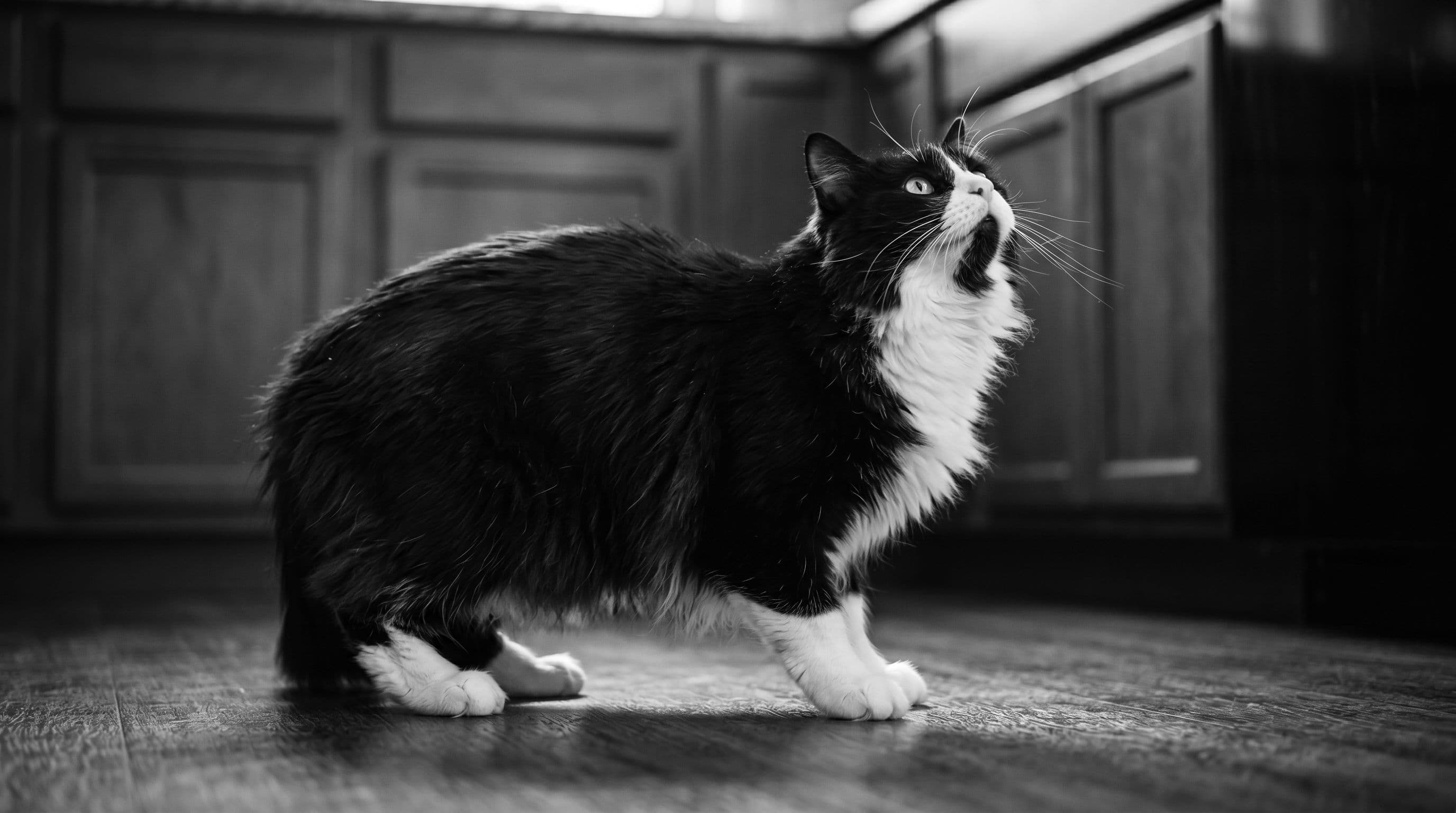 Tuxedo cat crouched low on a kitchen floor with legs tensed, eyes fixed upward on a wooden counter above, captured from a low dramatic angle