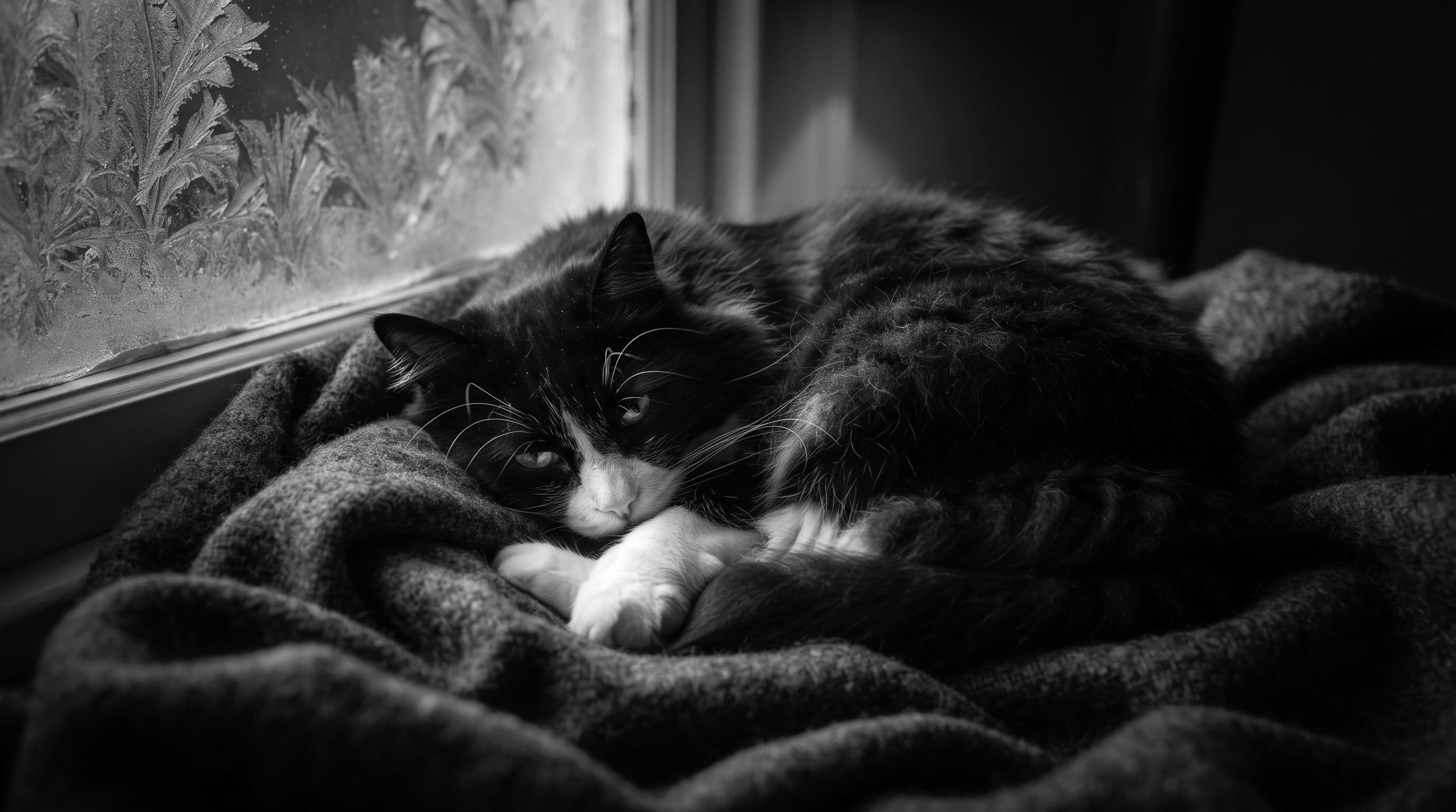 Tuxedo cat curled on a thick wool blanket next to a cold window with blue winter light filtering through
