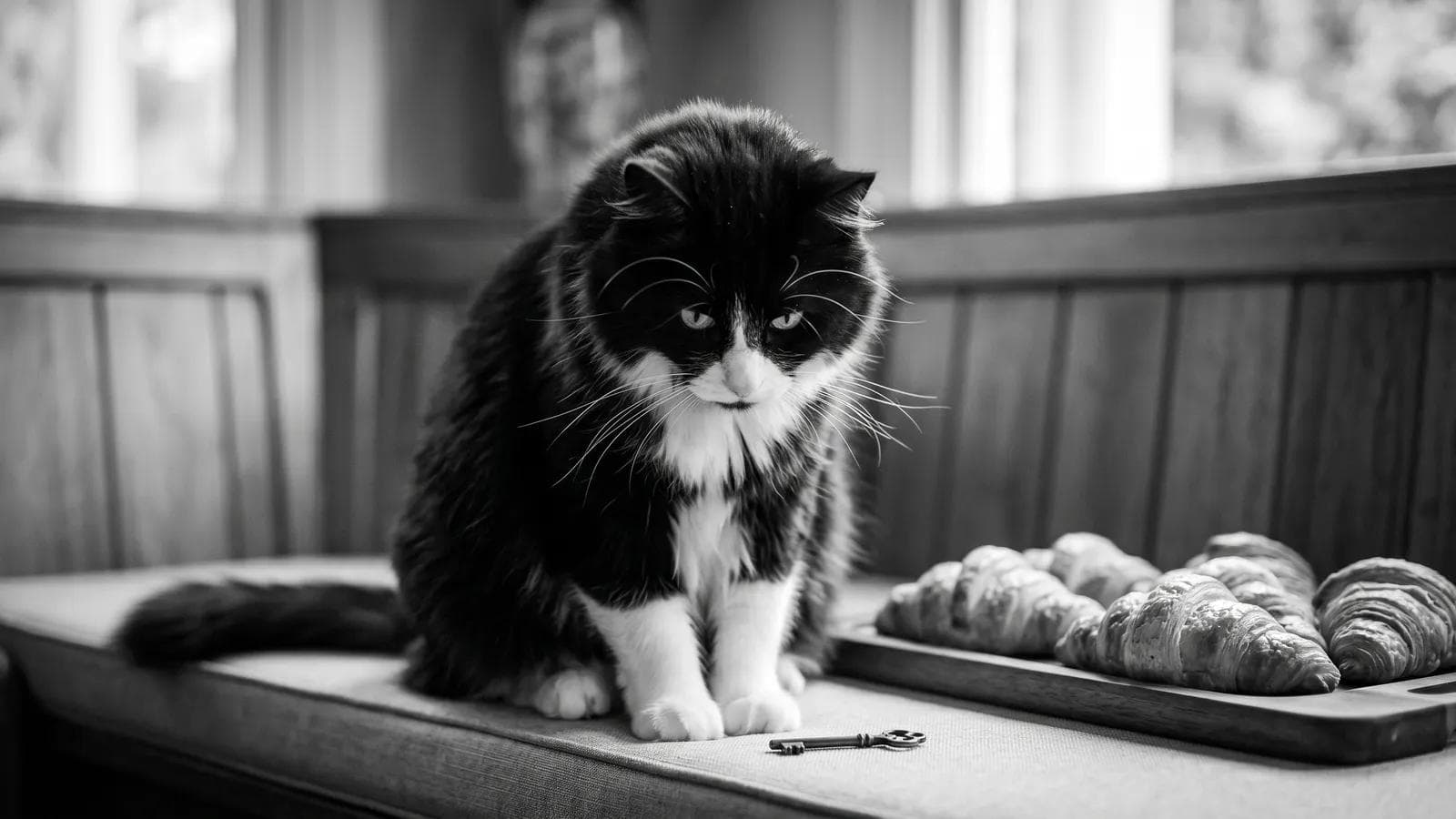 Tuxedo cat sitting on a wooden bench beside a tray of fresh croissants