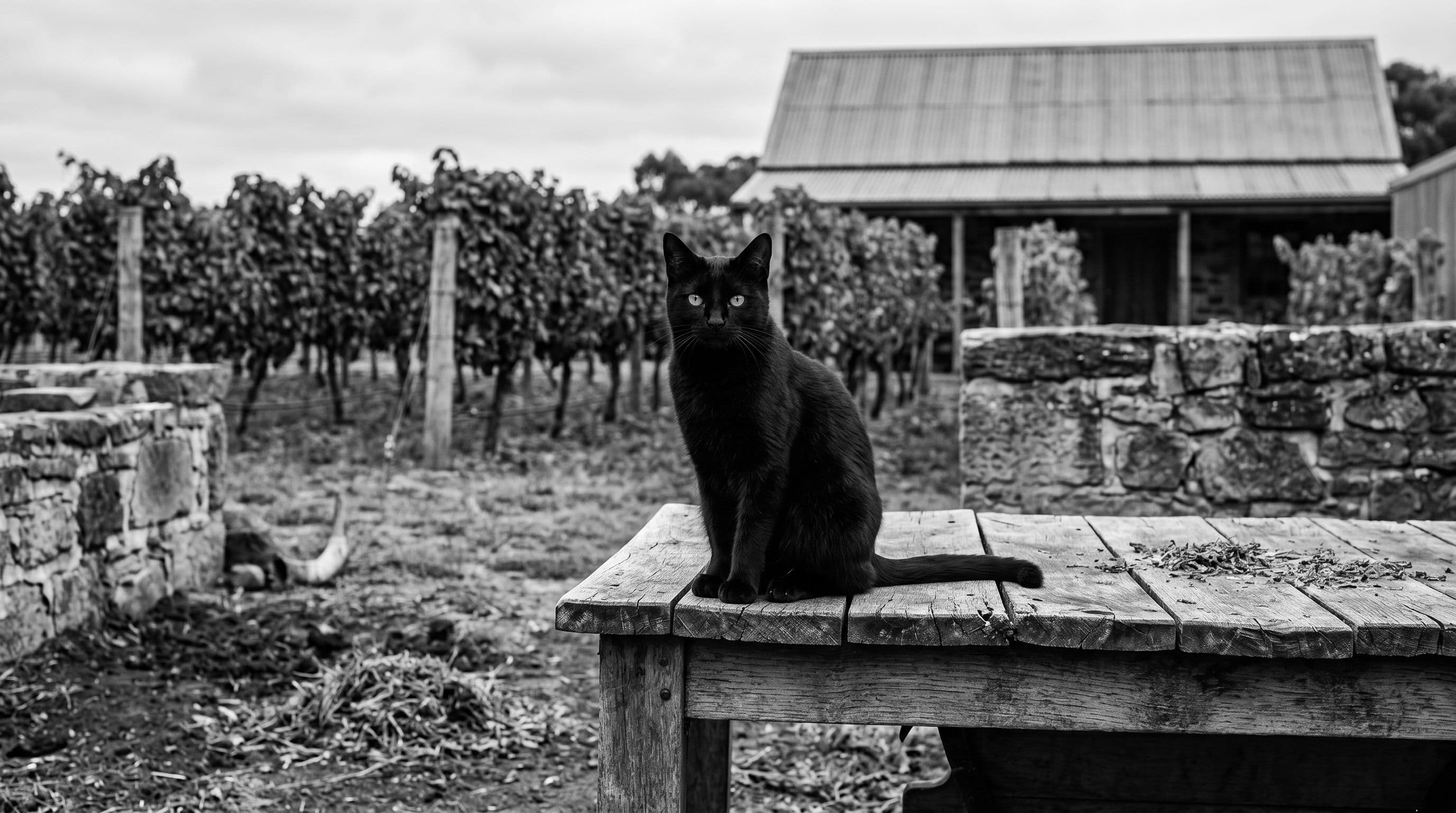 Black cat sitting on a wooden table with a vineyard and stone farmhouse behind