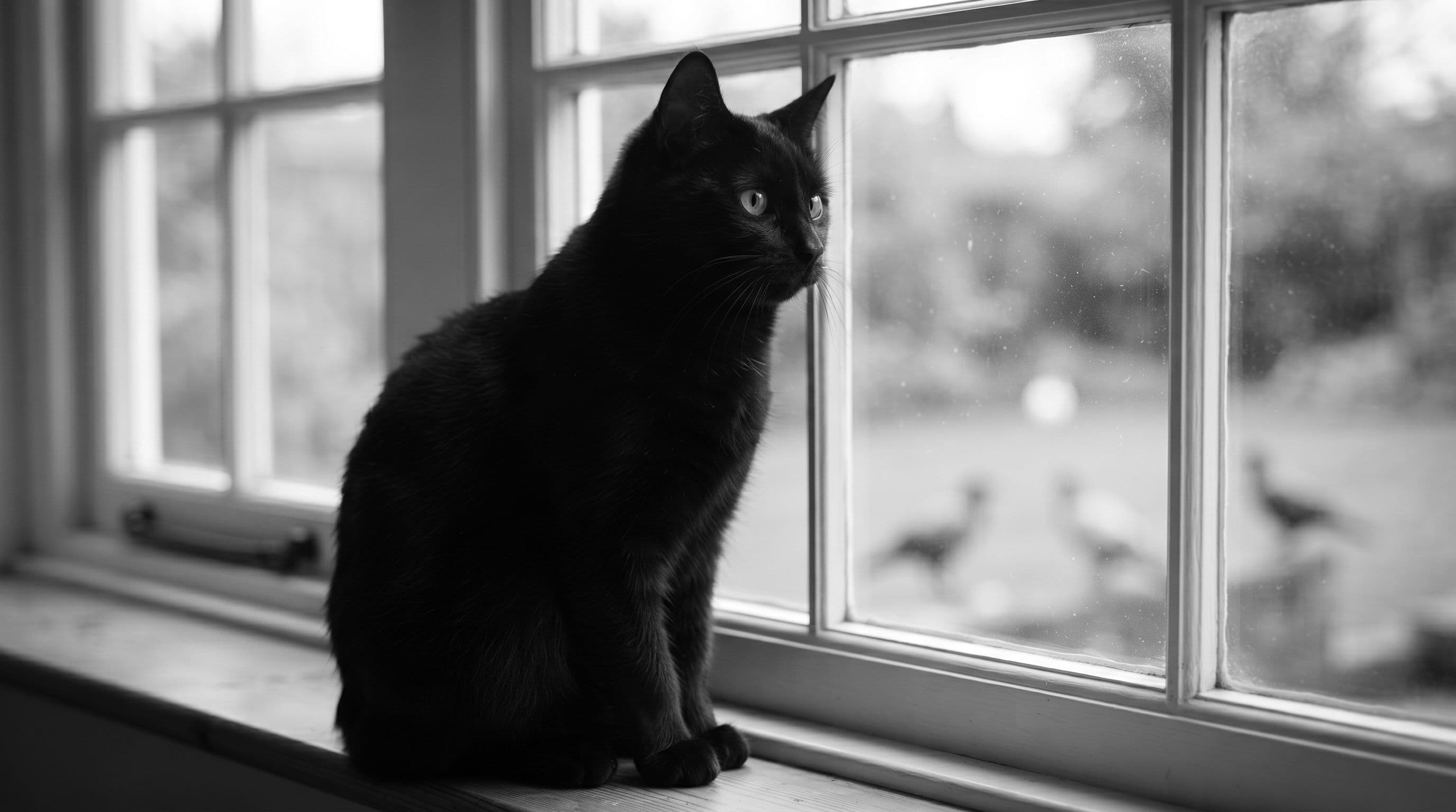All-black cat sitting upright and poised at a window, gazing outside with calm disinterest, mouth closed, body perfectly still