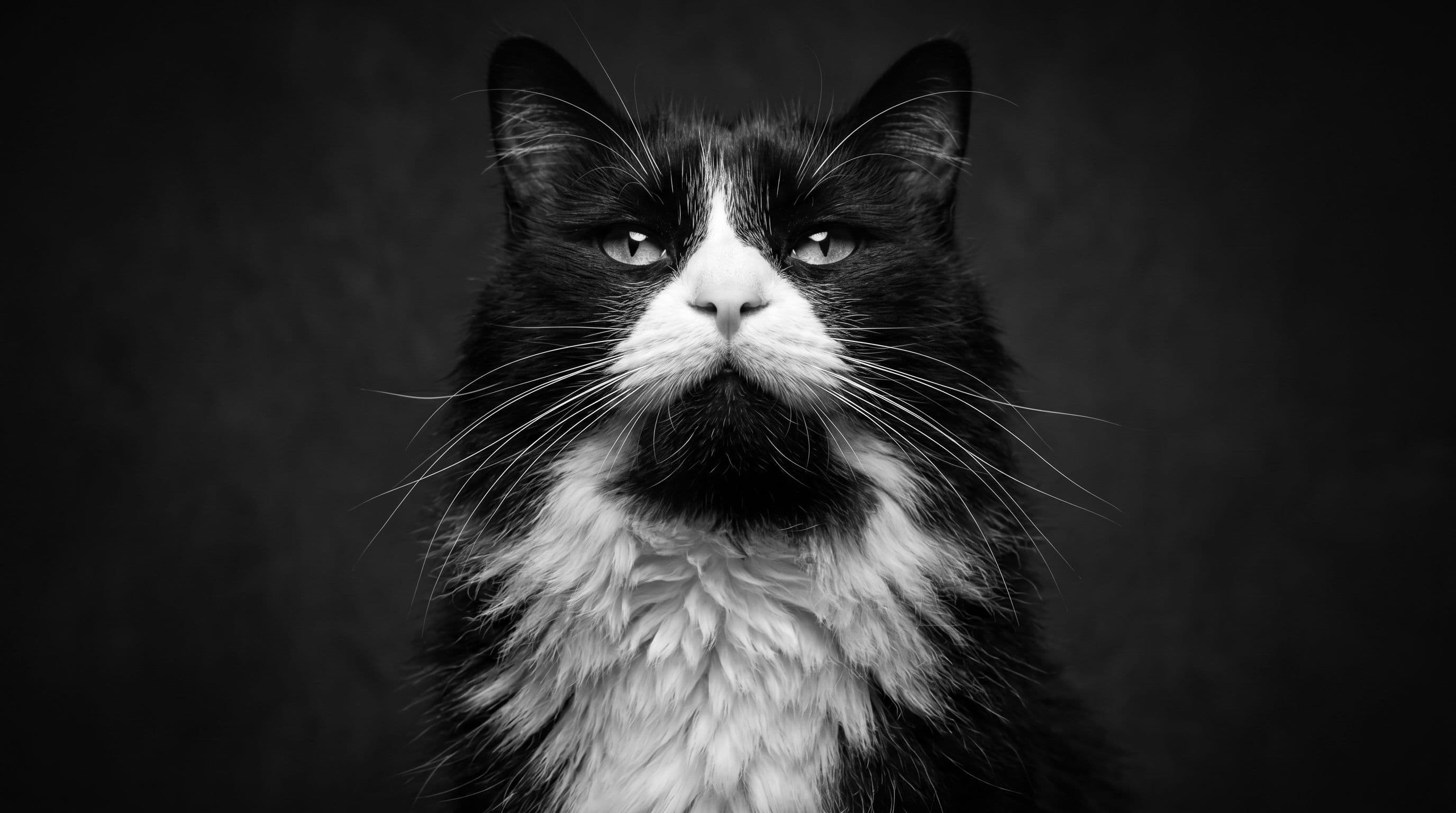 Close-up portrait of a tuxedo cat showing the symmetric black-and-white face split