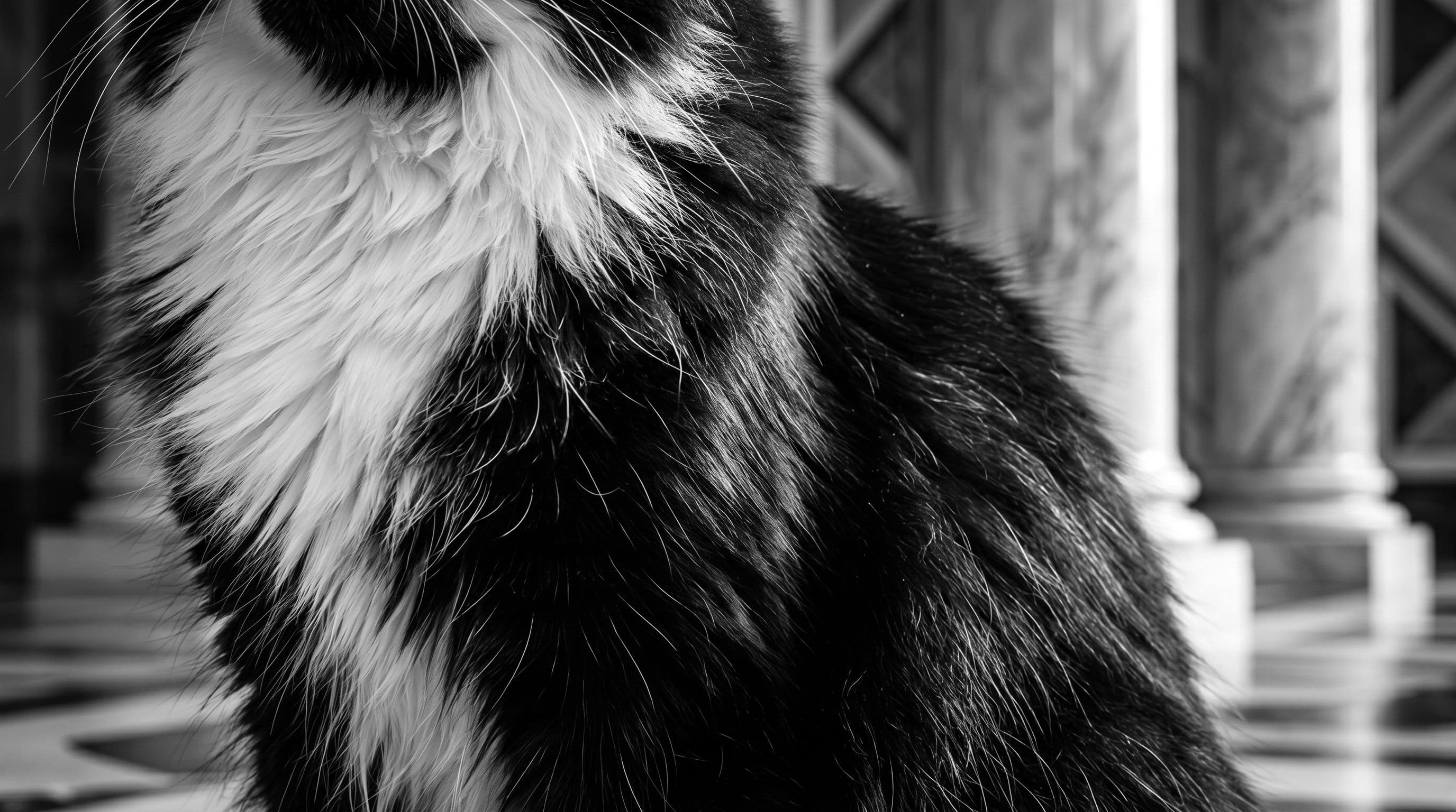 Close-up detail of Vino the tuxedo cat's medium-long coat showing fine white chest fur and coarser black back fur in golden light