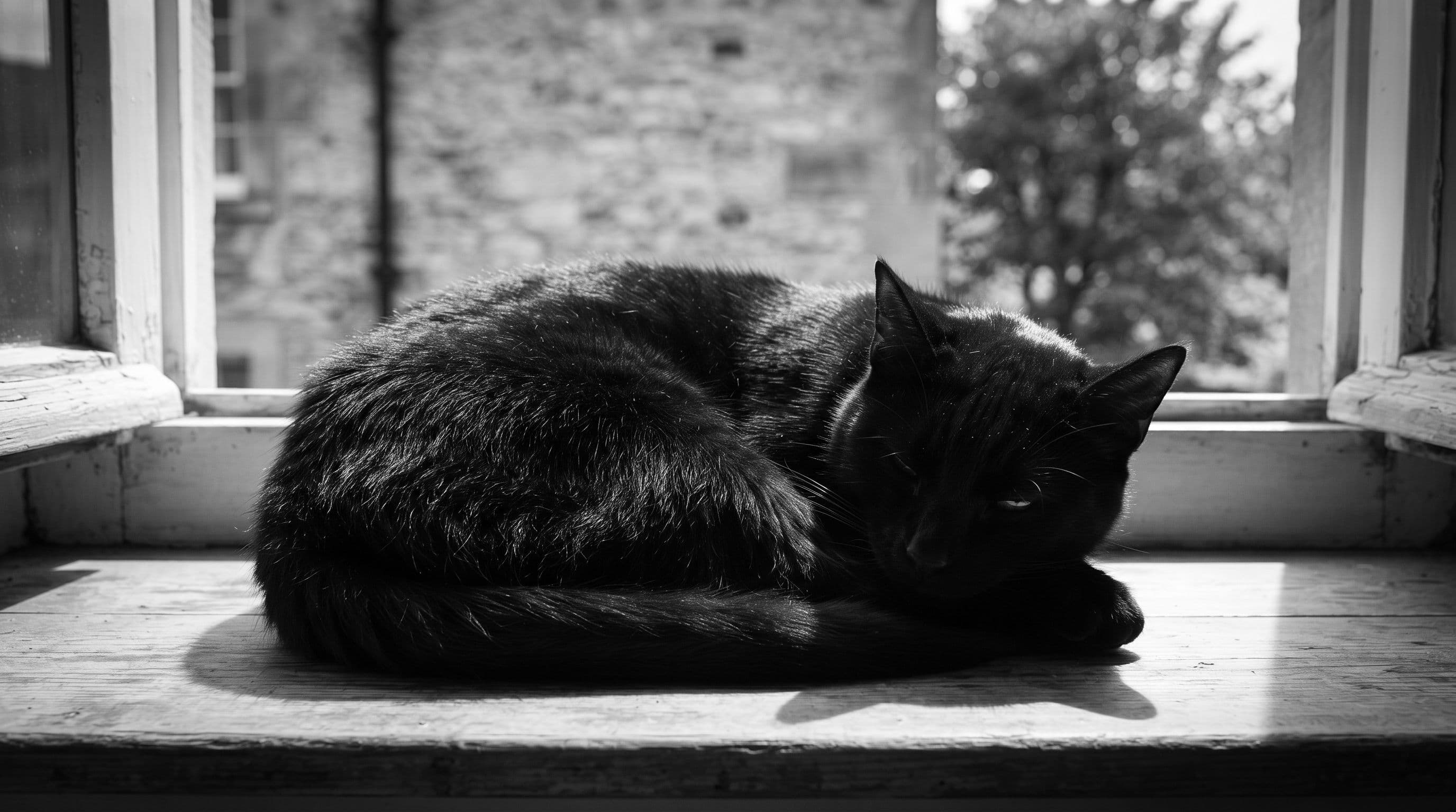 All-black cat resting contentedly in a golden sun patch on a wide windowsill beside indoor plants