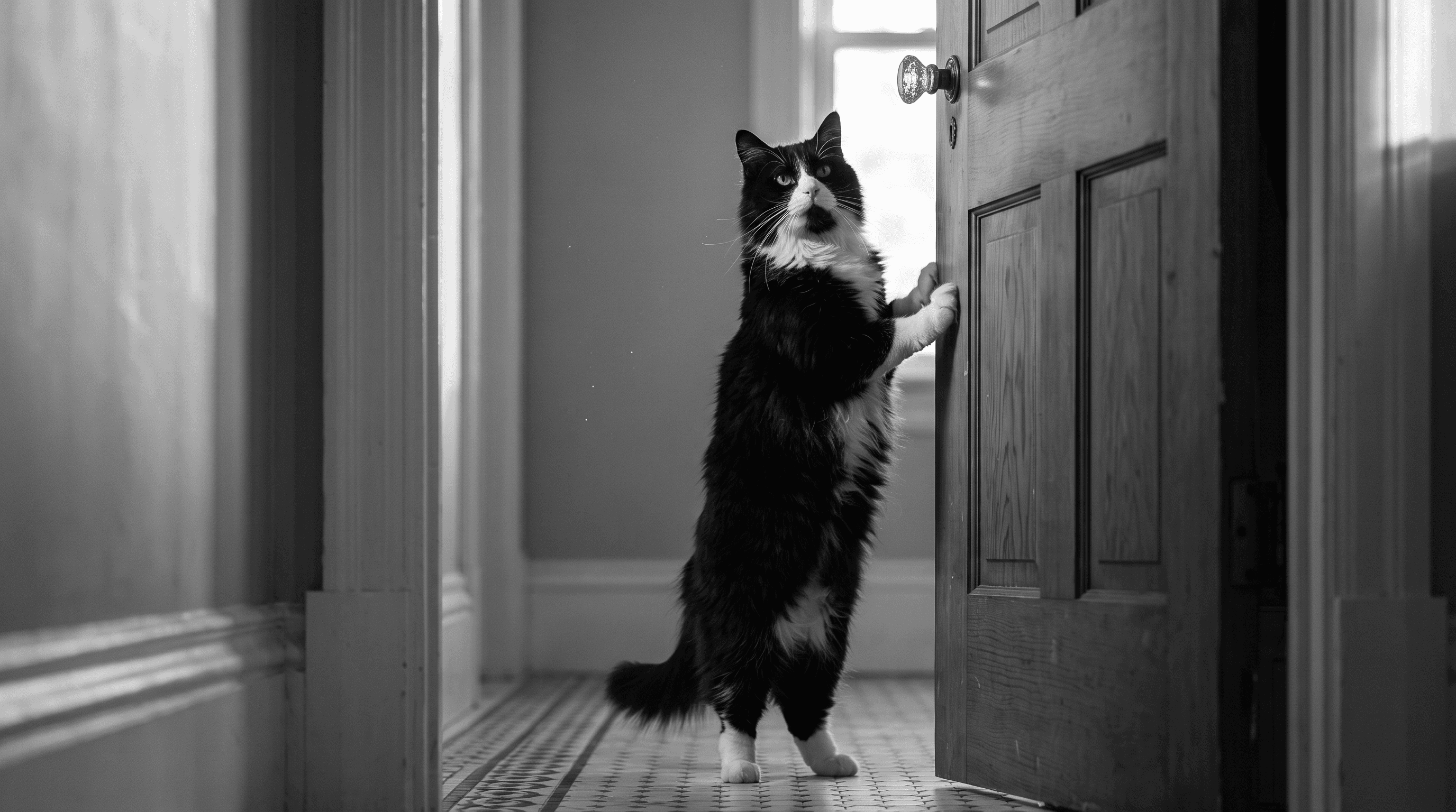 Tuxedo cat stands on hind legs at closed door, front paws on wood, whiskers prominent