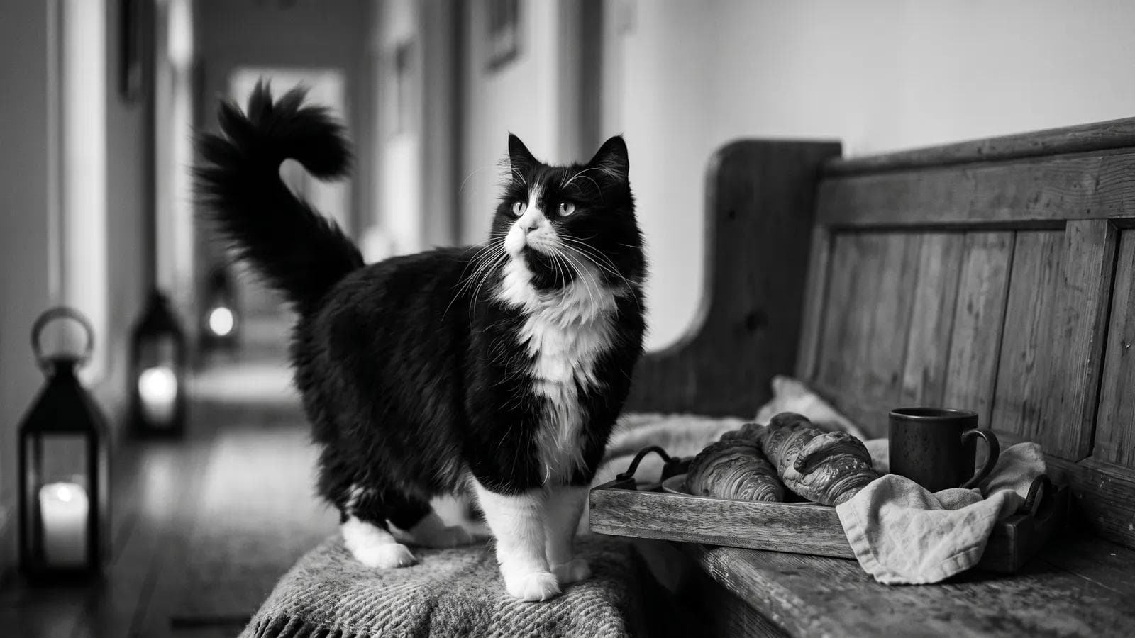 Tuxedo cat walking along a wooden bench past a tray of pastries and lit lanterns